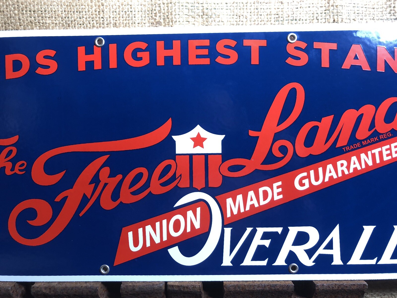 VINTAGE FREELAND OVERALLS 30” PORCELAIN SIGN CLOTHING UNION MADE TEXTILE FACTORY