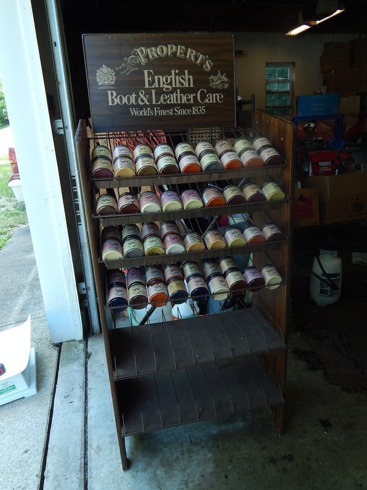Propert’s ~ English Boot & Leather Care ~ DISPLAY RACK w/ 52 JARS of CREAM ~ Vtg