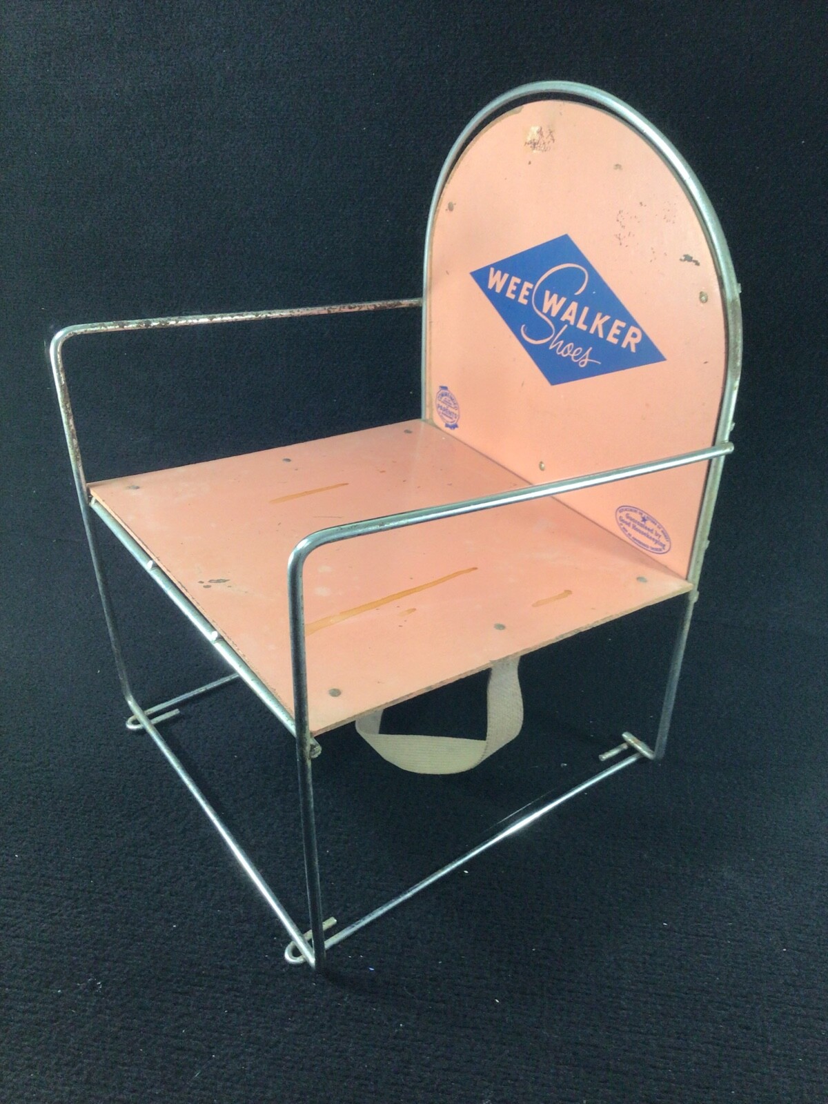 VINTAGE ADVERTISING WEE WALKER BABY SHOES PINK CHILD’S PROMO CHAIR. WOOD & METAL