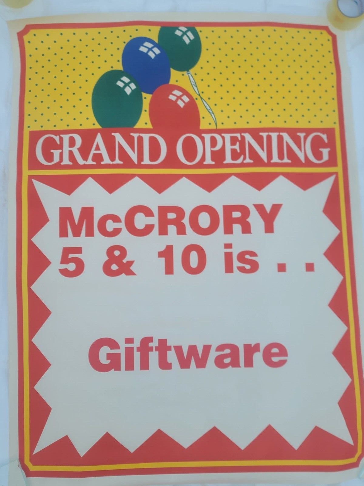 GIANT ORIGINAL GENUINE McCrorys Store Grand Opening 36 X 48″ Poster Movie Prop B