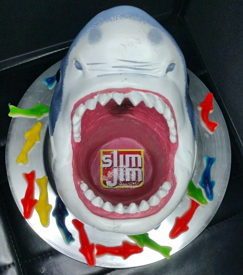 Slim Jim Collectible Jaws Great White Shark Head On A SILVER PLATER WITH STAND !