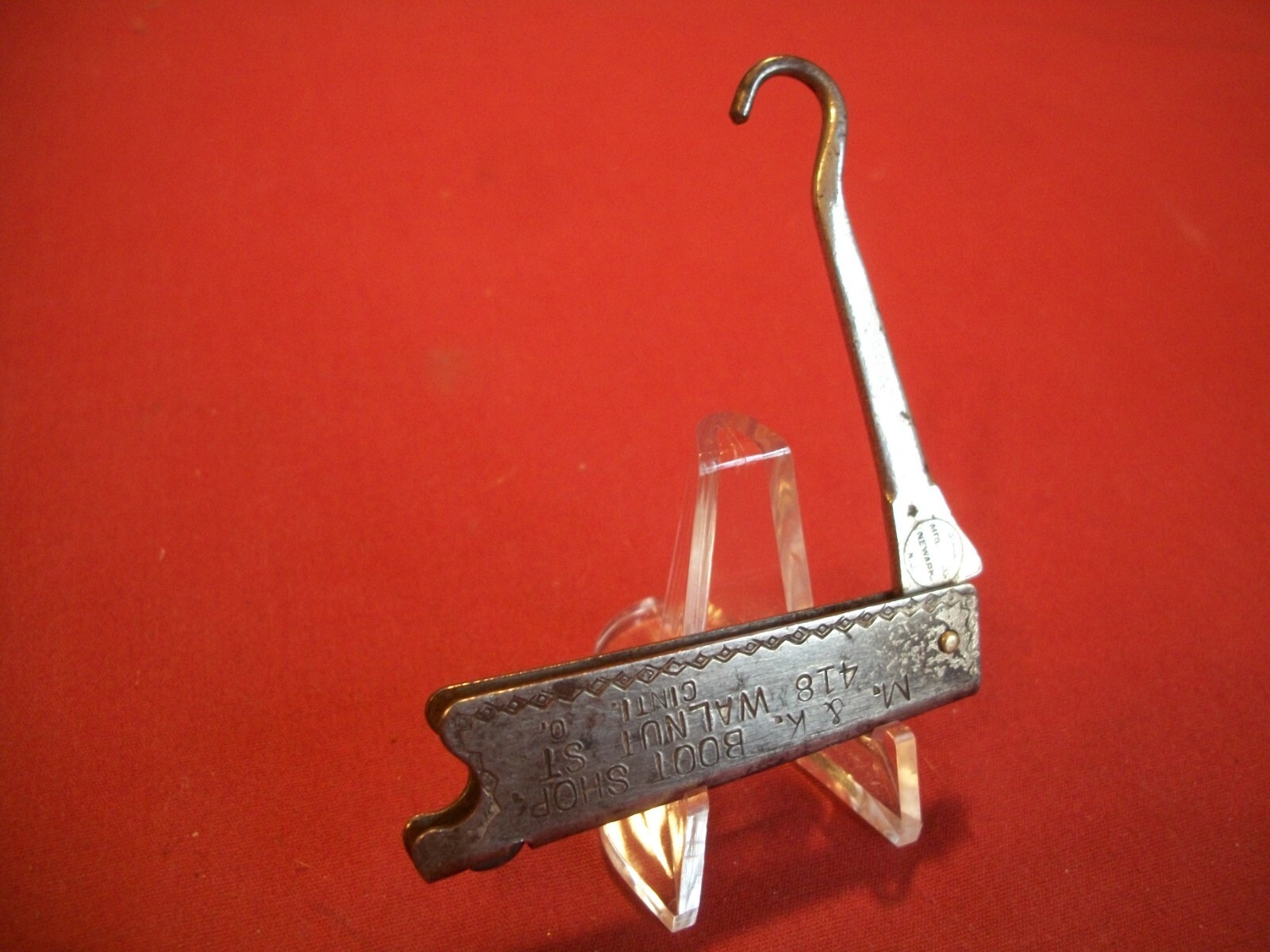 J.L.S. Mfg. co. Newark NJ. Vintage Fancy Advertising Folding Button Hook