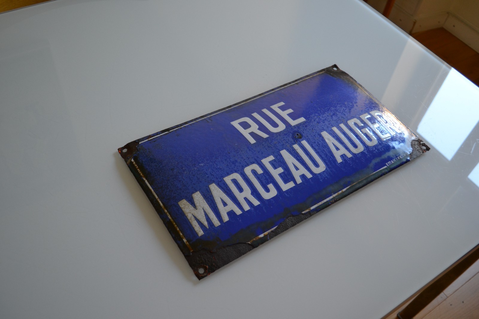 old domed enamelled sheet metal plaque from rue Marceau Auger Bois-Colombes Paris