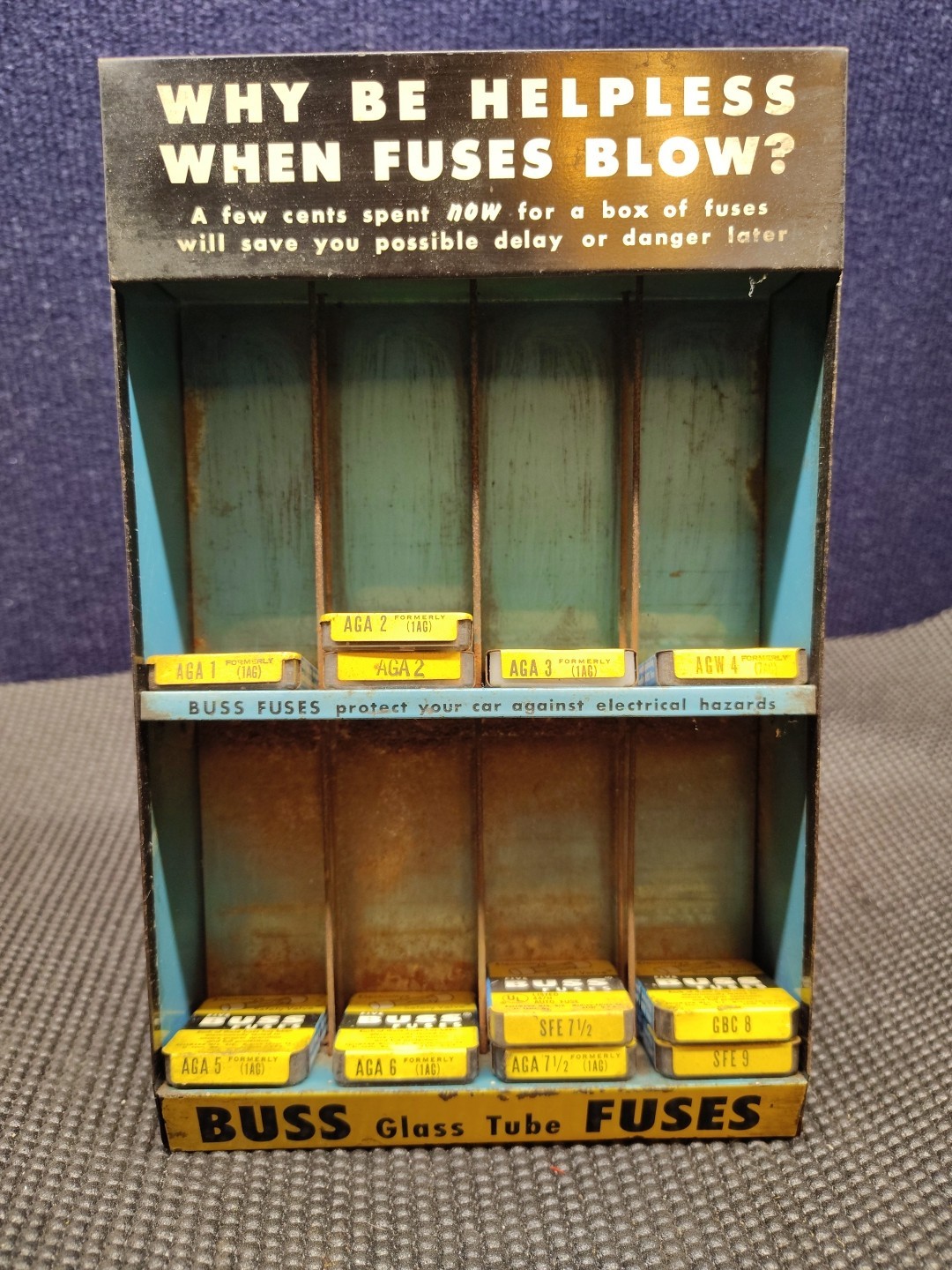 Vintage Tin BUSS Fuse Display Rack Sign Gas Station Auto Parts Store Countertop