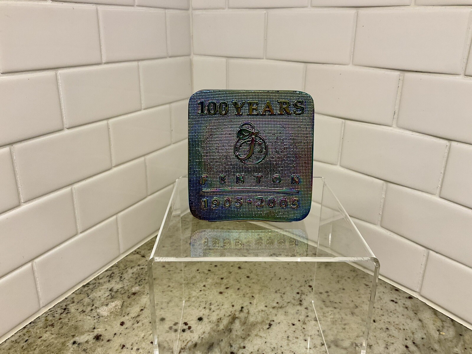 FENTON 100 Year Anniversary Logo Dealer Sign Paperweight Carnival Glass Vintage