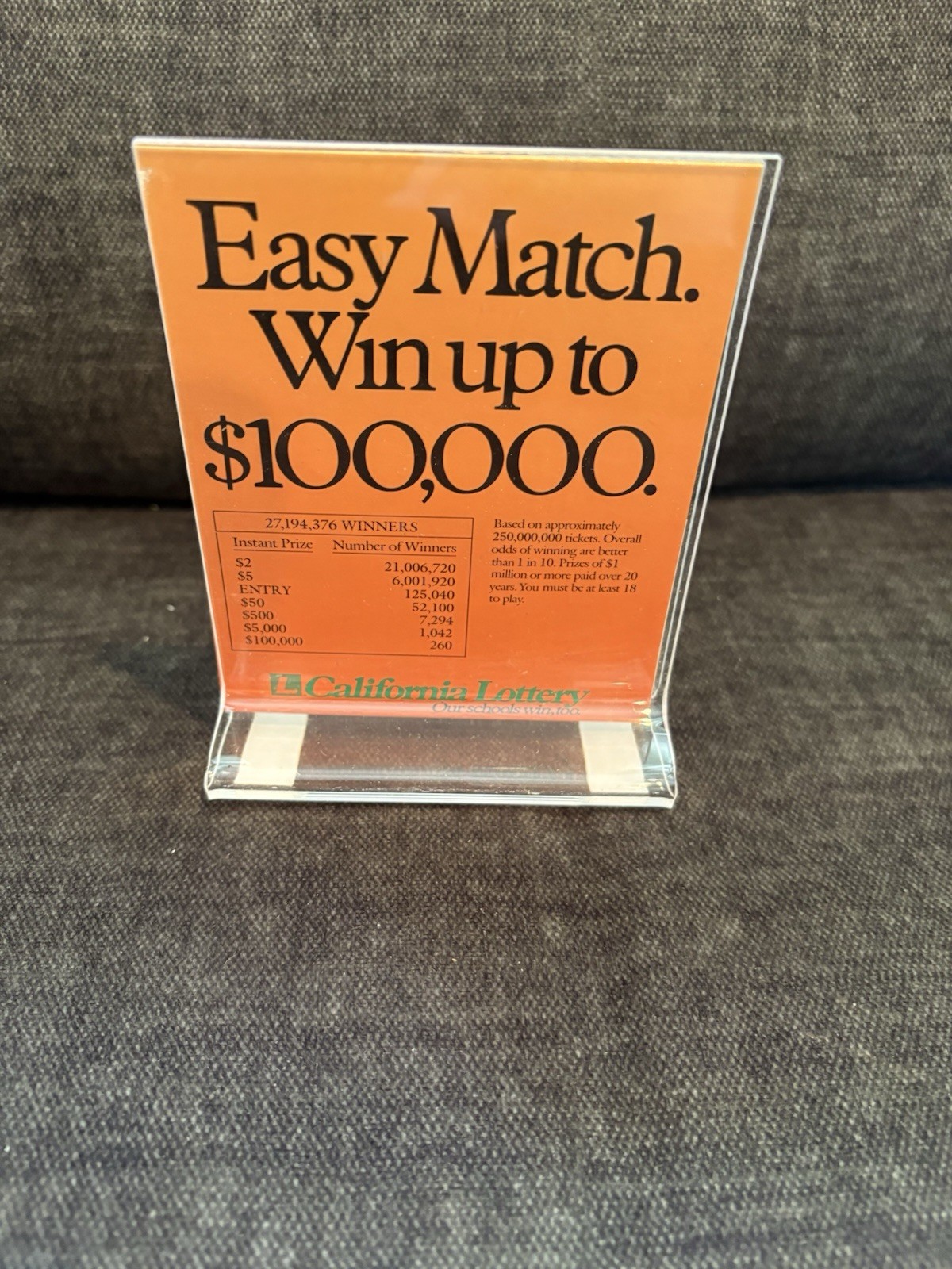 RARE🇺🇸1980sVINTAGE CALIFORNIA LOTTERY STORE COUNTERTOP DISPLAY/EASY MATCH 👀