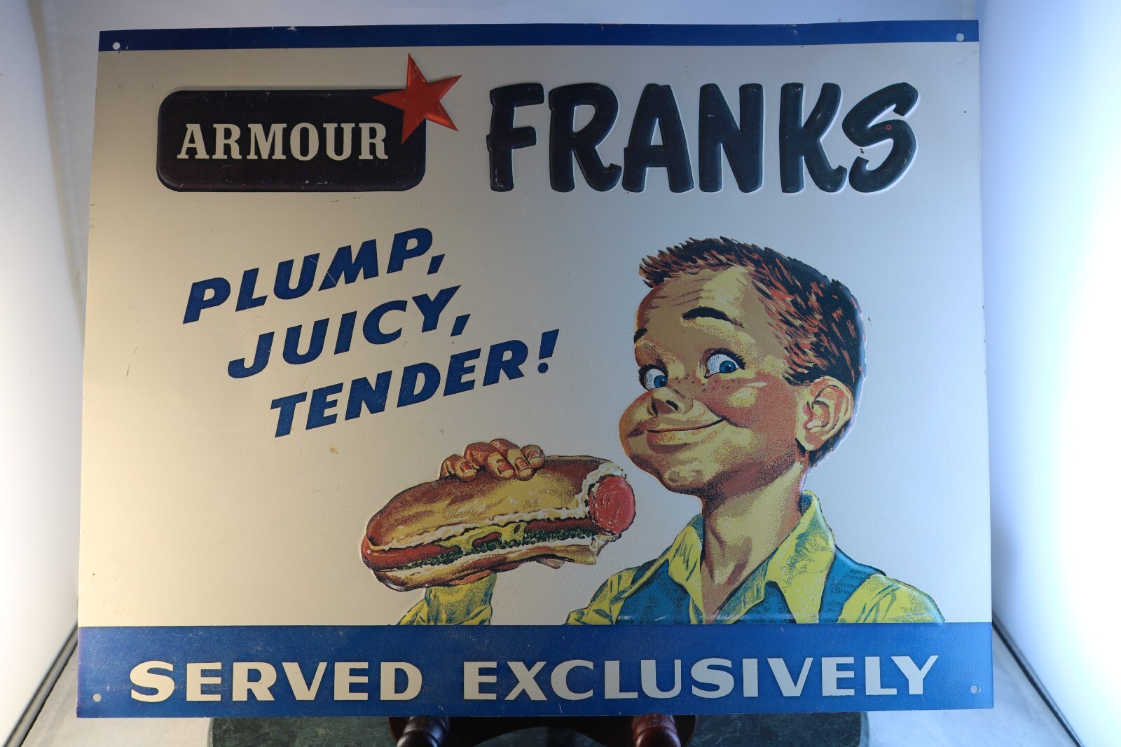 Vtg Embossed Armour Franks Plump, Juicy, Tender! Metal Sign 11.5 x 15.5