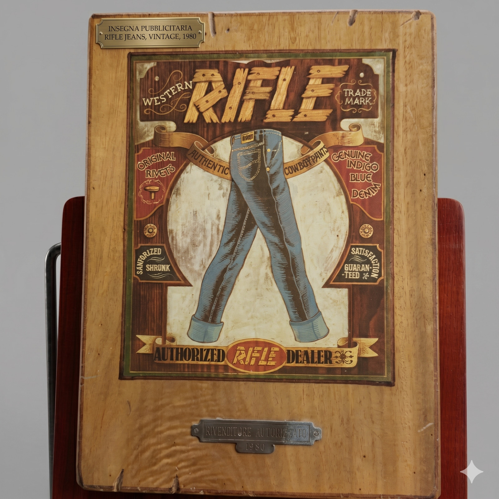 Vintage 1980 RIFLE Jeans Wood Sign Store Display Western Denim Advertising
