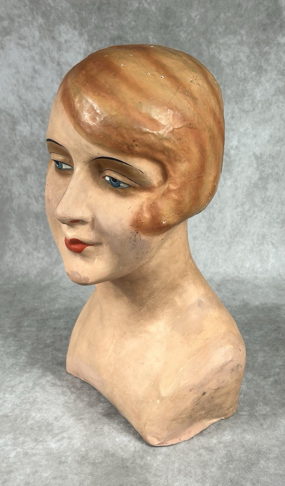 Antique 1920s French Art Deco Papier Mache Mannequin Head Flapper Millinery 14″