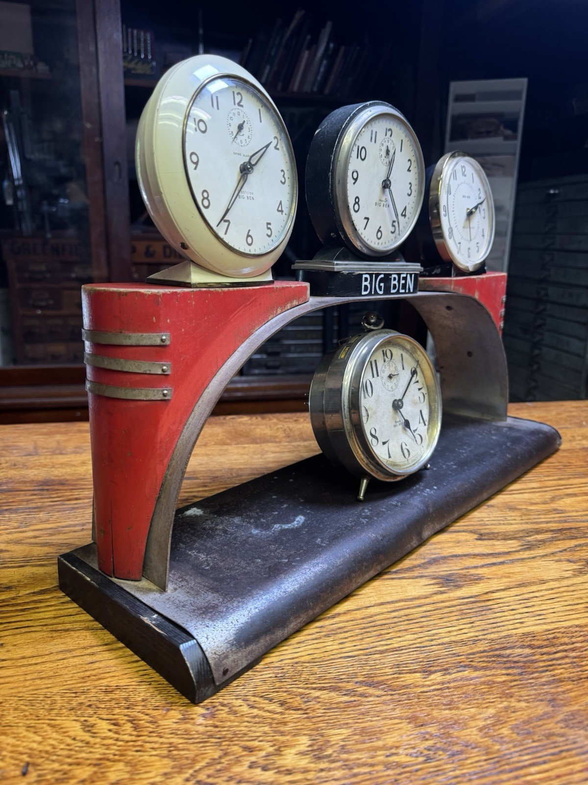 Big Ben Westclox Alarm Clock Store Display. 22″ wide, 6″ deep, 8-1/2″ tall.