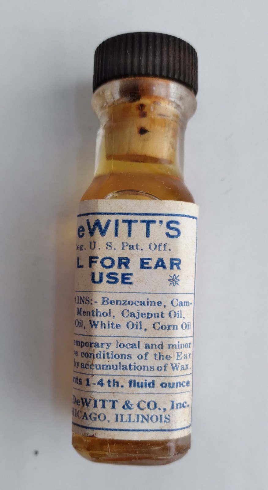 Vintage DEWITT’S OIL FOR EAR USE Bottle & Box with Promotional Advertisement.