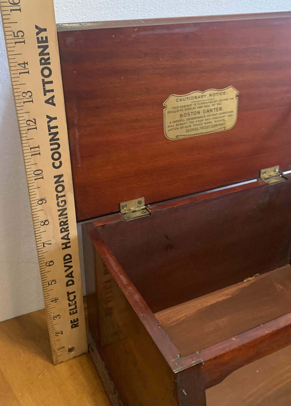Antique Boston Garter Store Display Cabinet Advertising Case Mahogany 14x11x8”