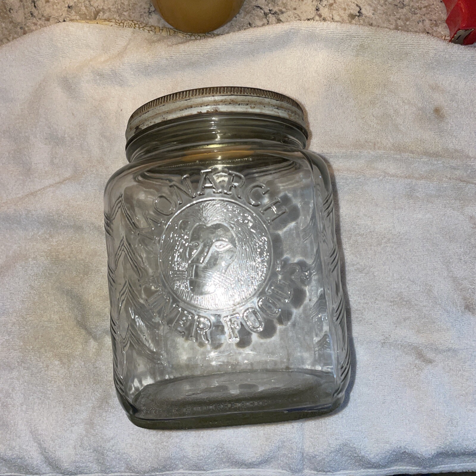 Large Vintage Monarch Finer Foods Jar Kitchen Canister Embossed Lion Head