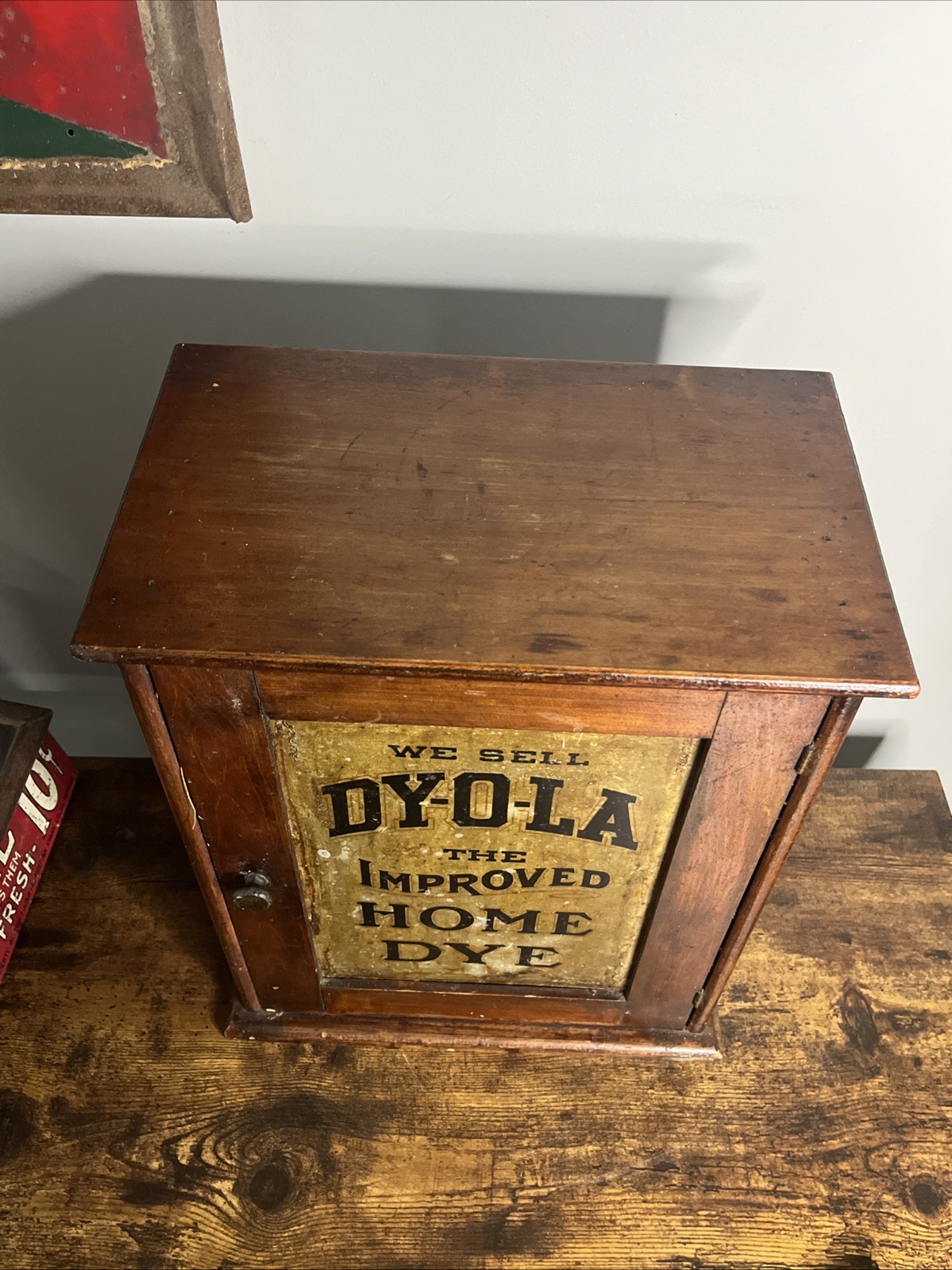 We Sell DY-O-LA Improved Home Dye Store Counter Display Cabinet Wood & Tin 17”