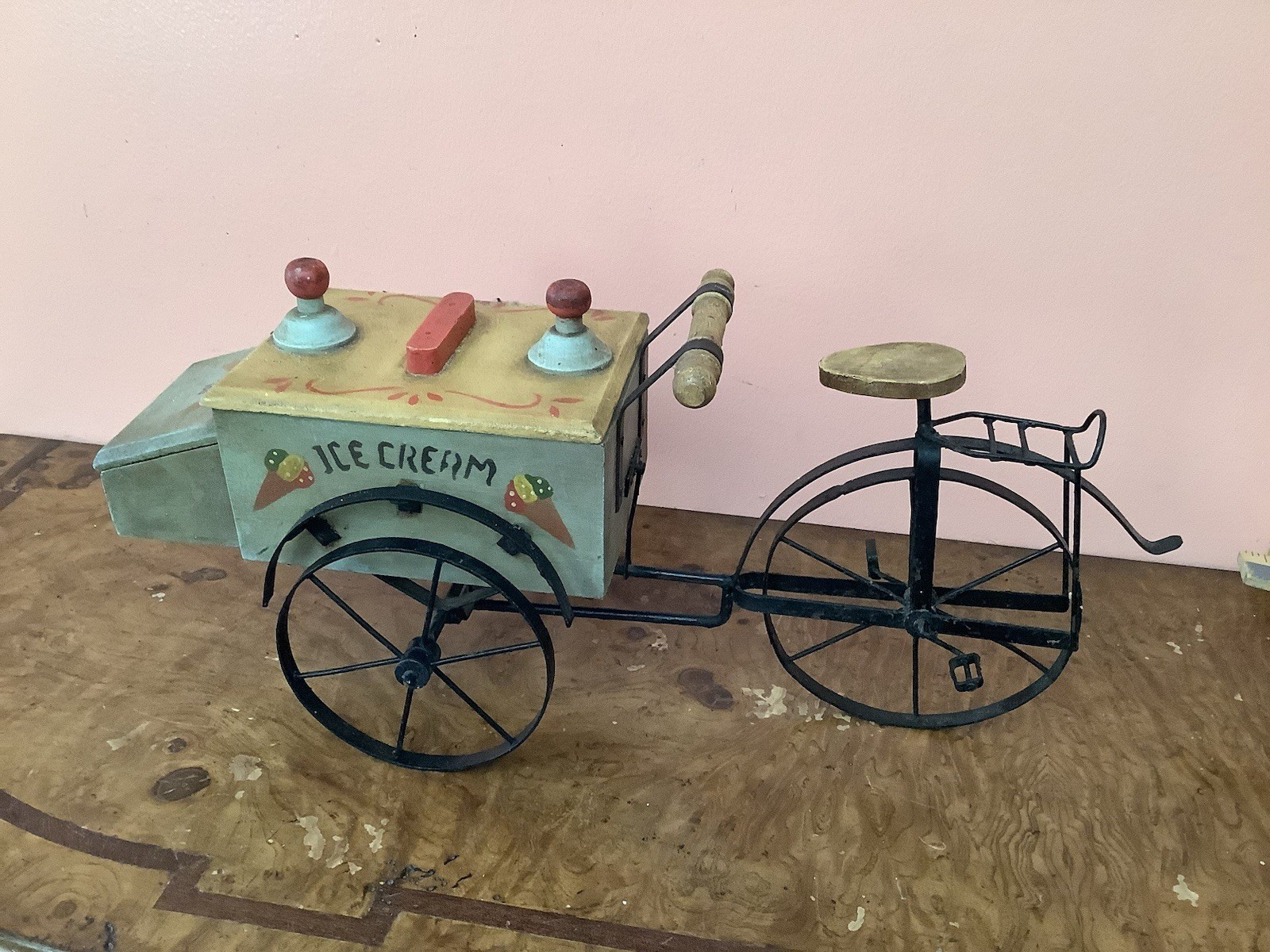 Wooden Ice Cream Vendor Cart With Metal Bicycle Hand Painted 18”X9” X 8”