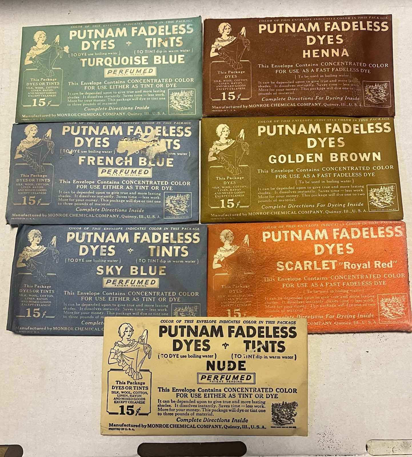 Vtg NOS Lot Of 7 Assortment Putnam Fadeless Dyes and Tints Blue Red Nude Brown