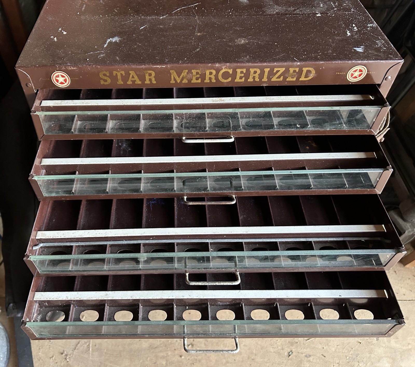 Star Mercerized Vintage Store Display Cabinet Drawer Unit “FAST COLORS”