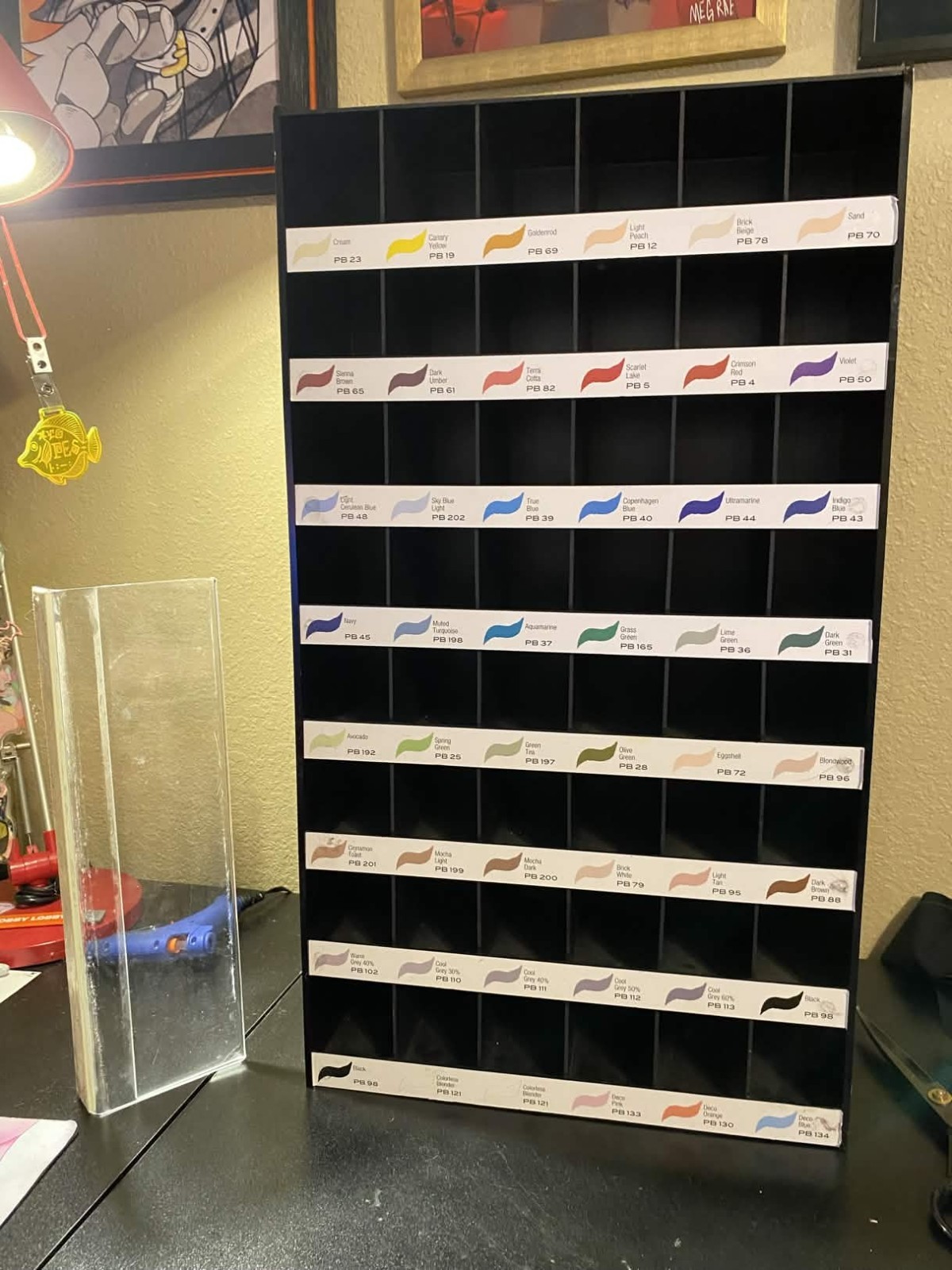 USED! Prismacolor brush tip retail display rack, 48 slots, black, broken sign