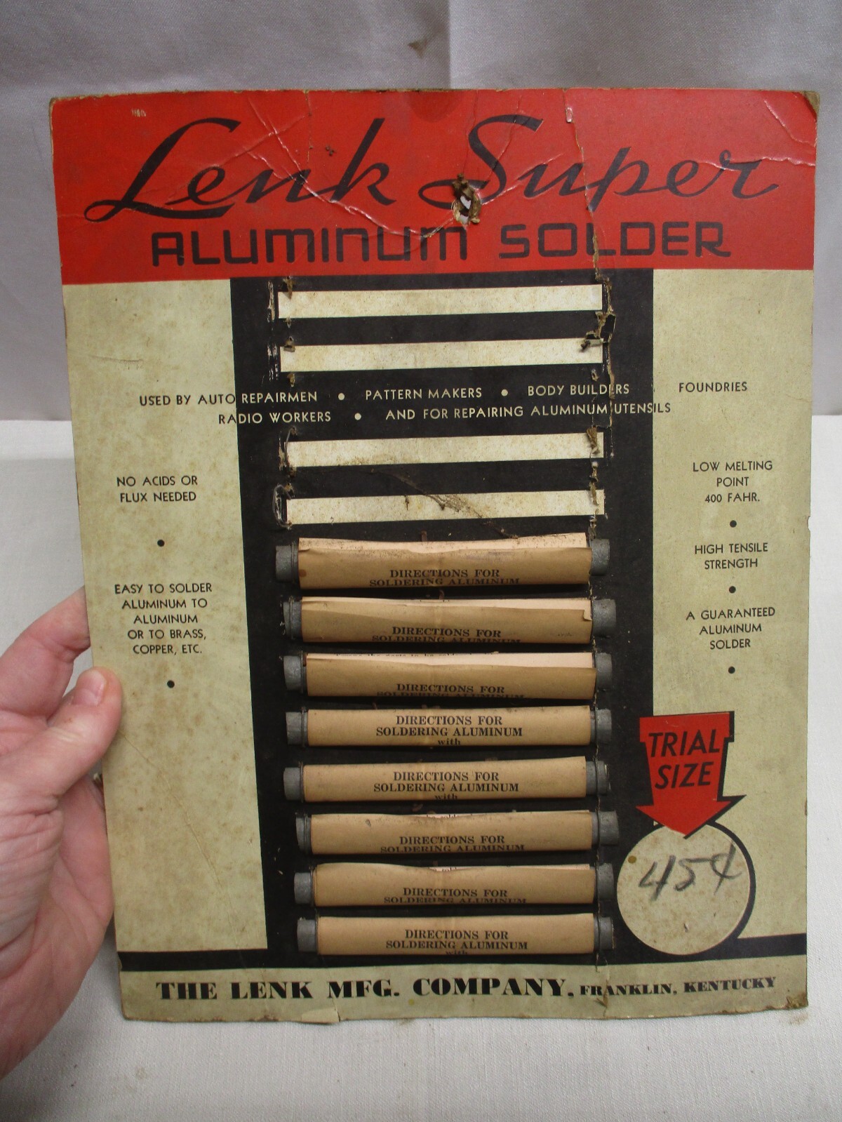 LENK SUPER ALUMINUM SOLDER ~ RARE STORE DISPLAY TRIAL SIZE ~ FRANKLIN KENTUCKY