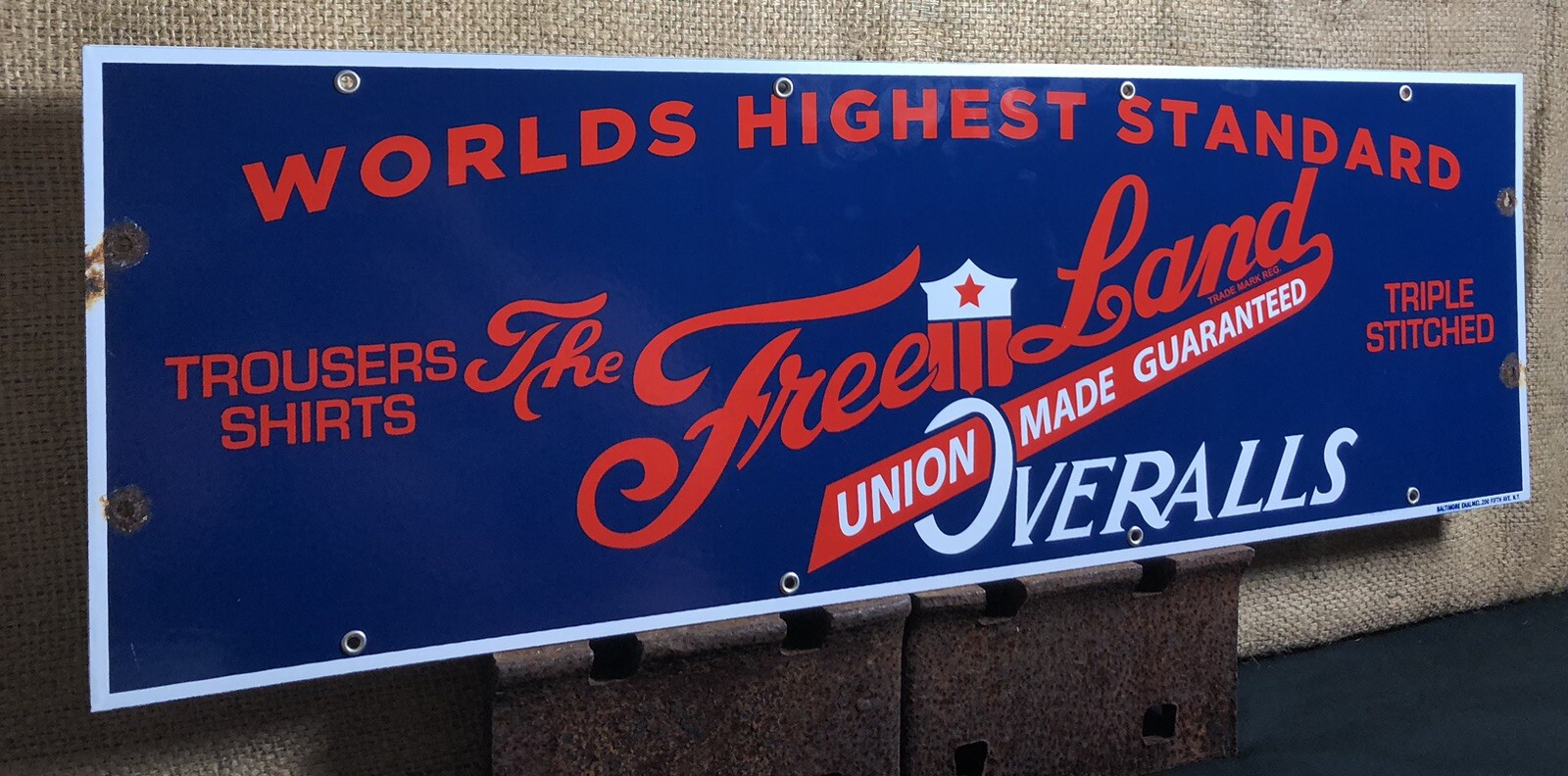 VINTAGE FREELAND OVERALLS 30” PORCELAIN SIGN CLOTHING UNION MADE TEXTILE FACTORY