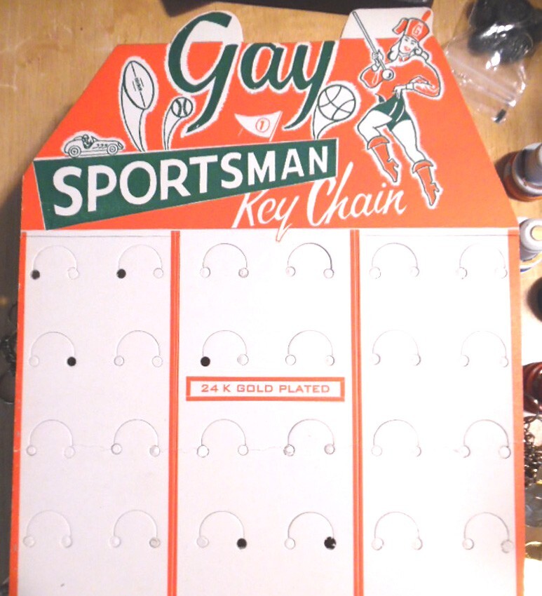 Old GAY SPORTSMAN Cardboard Display&Football,baseball,soccer,basketball keychain