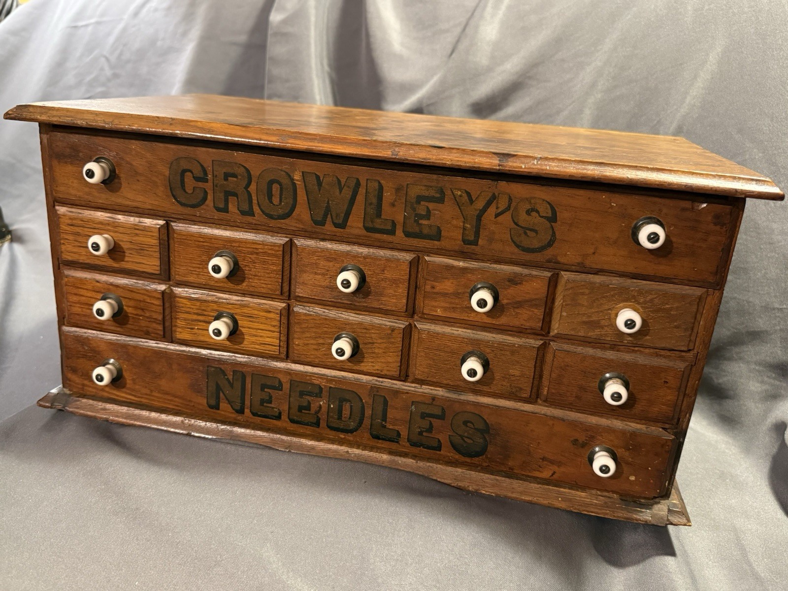 Antique Crowley’s Needles Advertising Display Multi Drawer Cabinet general store