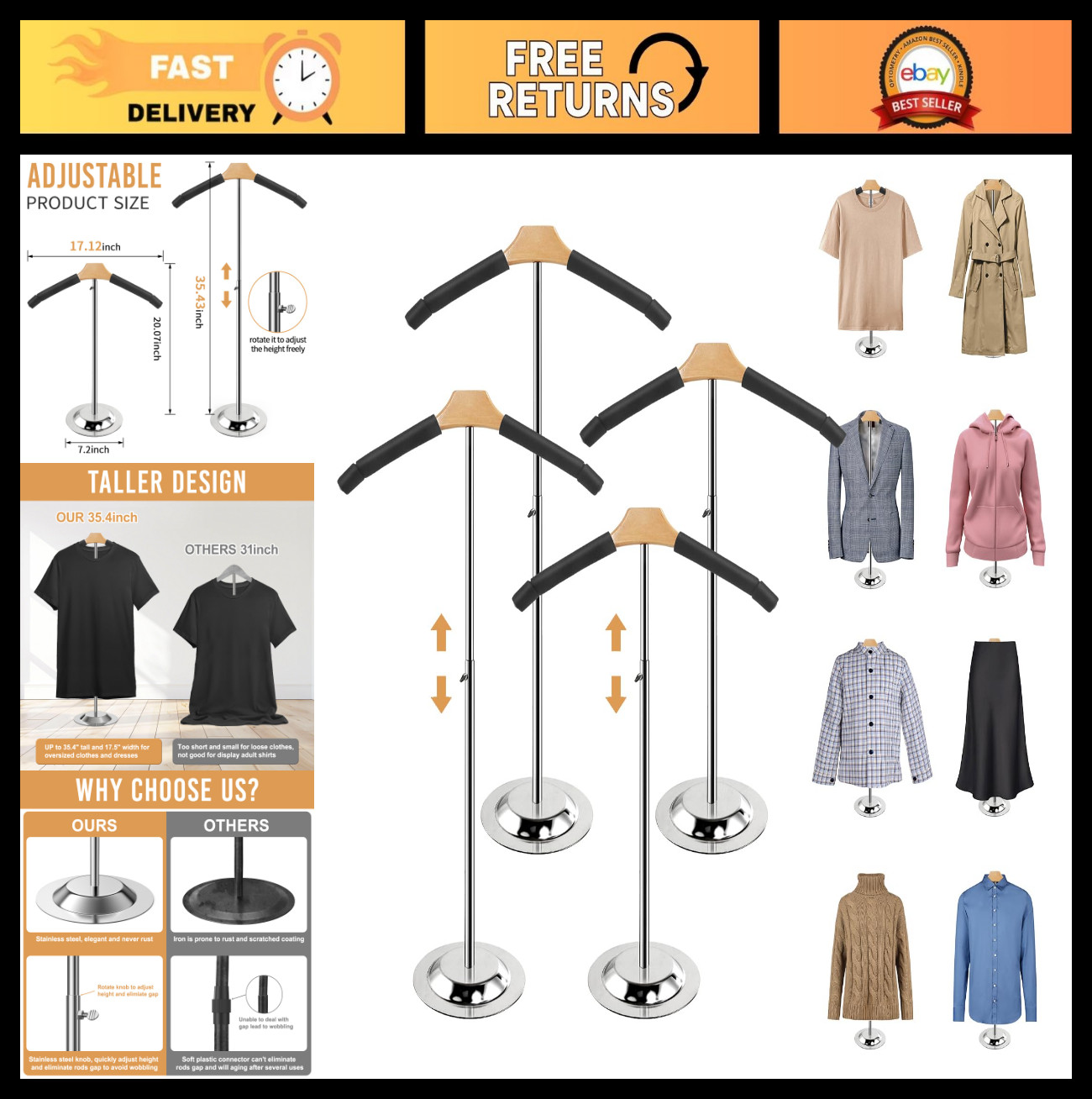 Height Adjustable T-Shirt Display Stand 20-35″ for Vendors, Mannequin Torso, 4 P