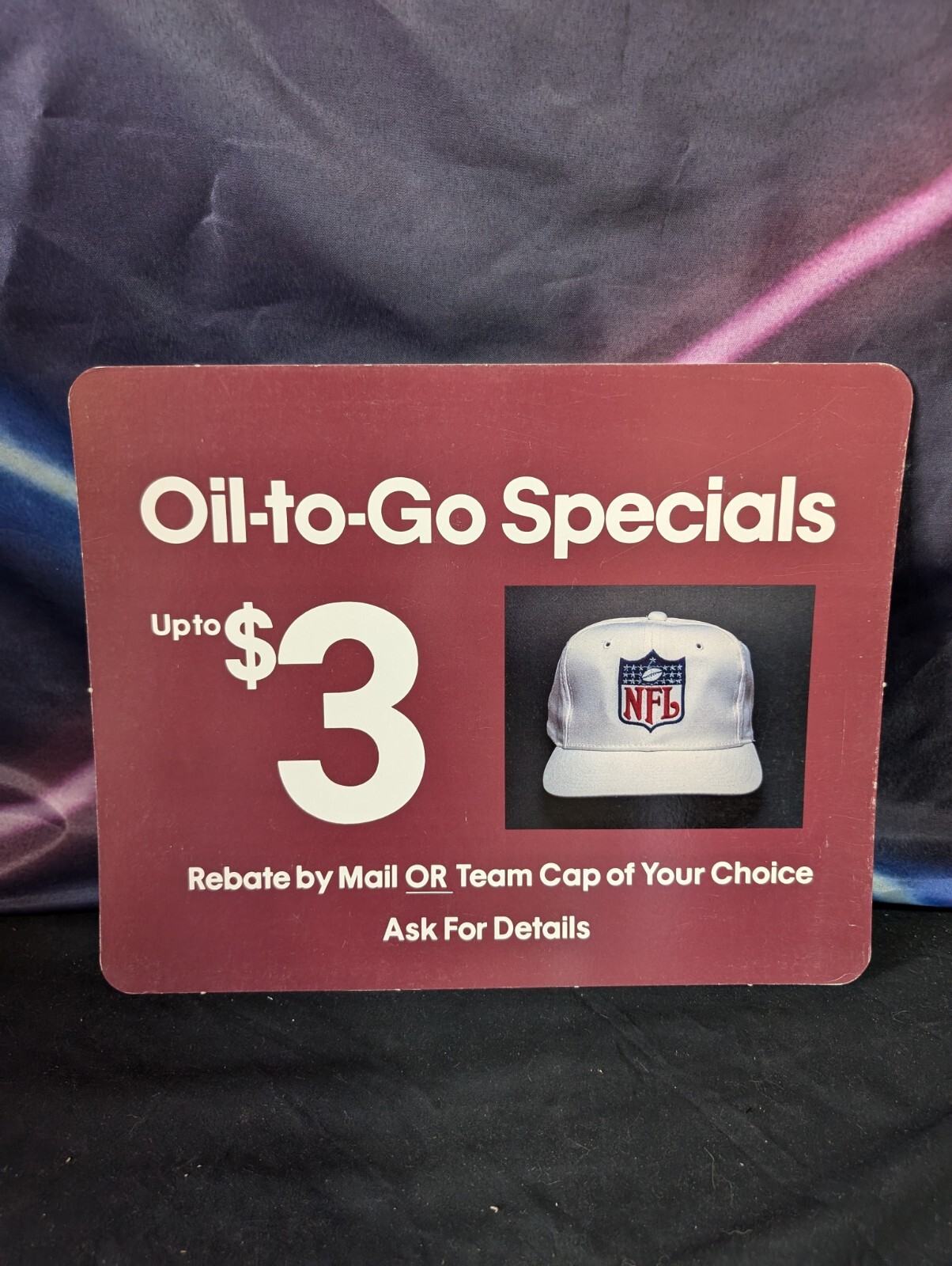 Vtg 80s Oil Change Free NFL Hat 11 x 14 Grocery Store Convenience Sign Ad
