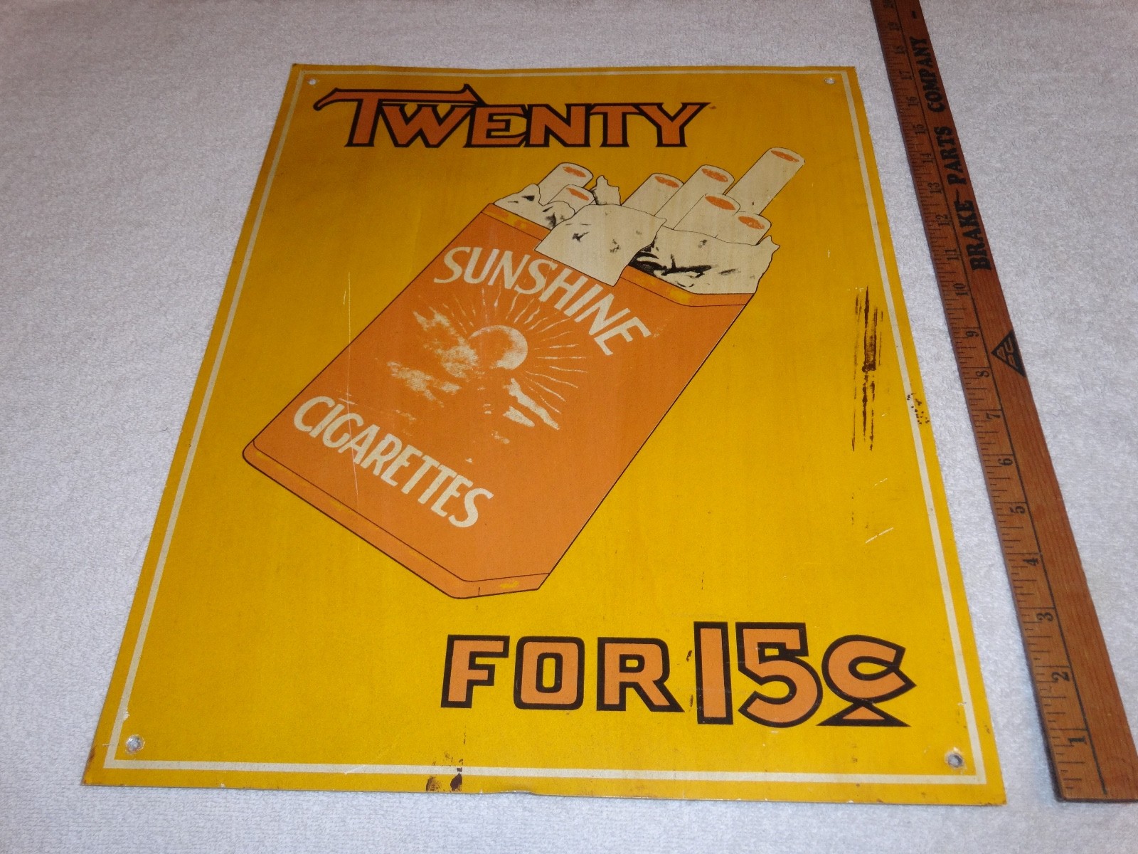 VINTAGE TWENTY SUNSHINE CIGARETTES FOR 15 CENTS 18″ X 13 3/4″ METAL TOBACCO SIGN