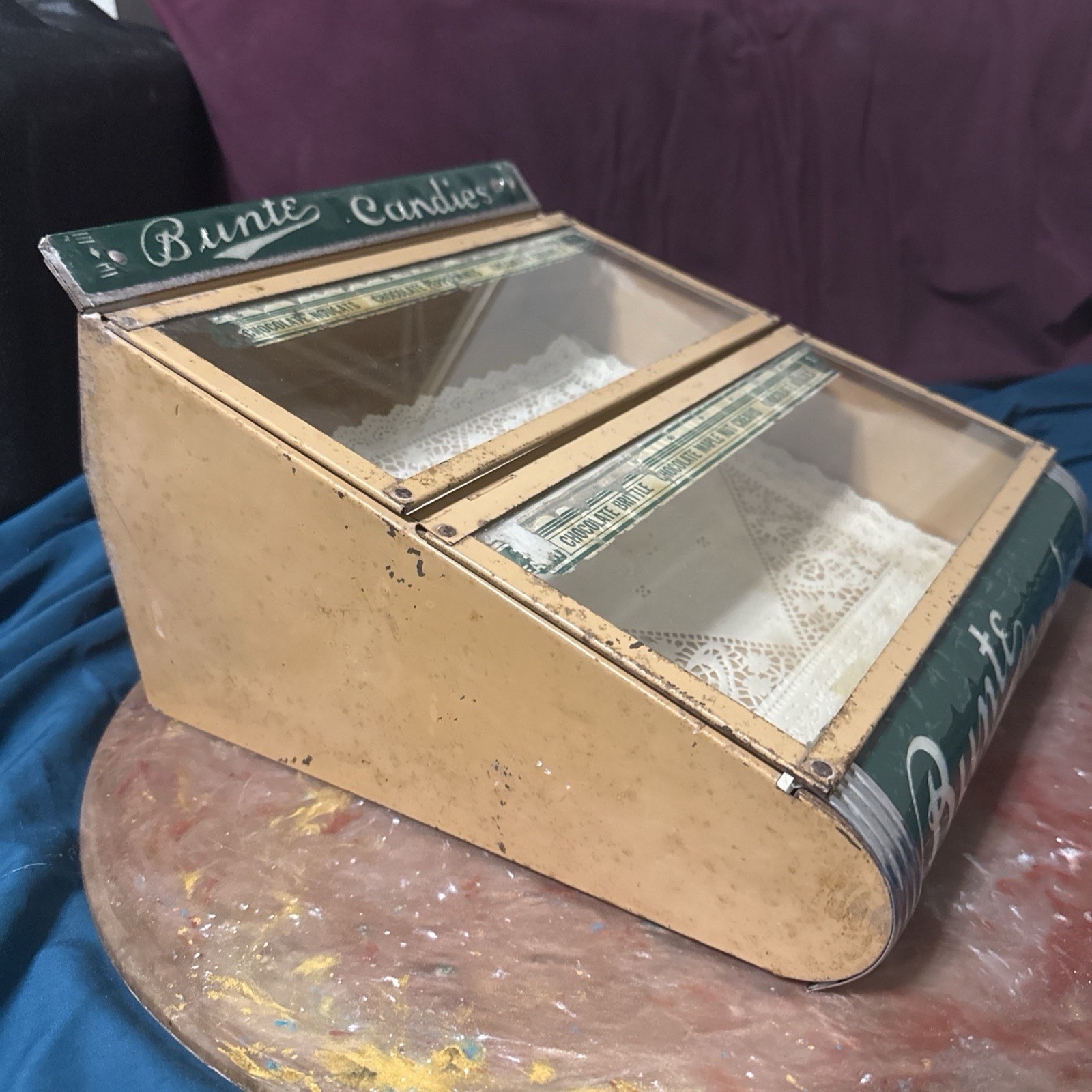 Antique BUNTE CANDY Store Display Advertising Tin/Glass GREAT CONDITION – RARE