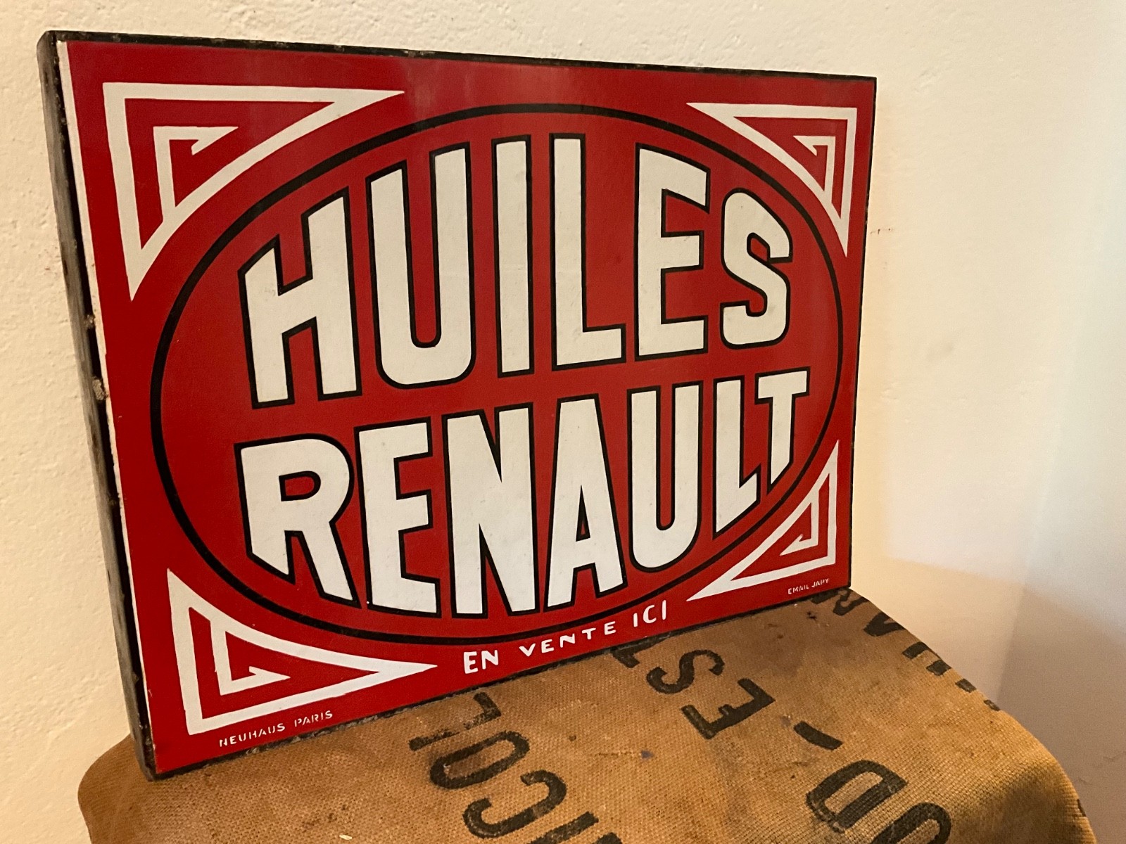 old enamel plate garage RENAULT OILS square circa 20/30