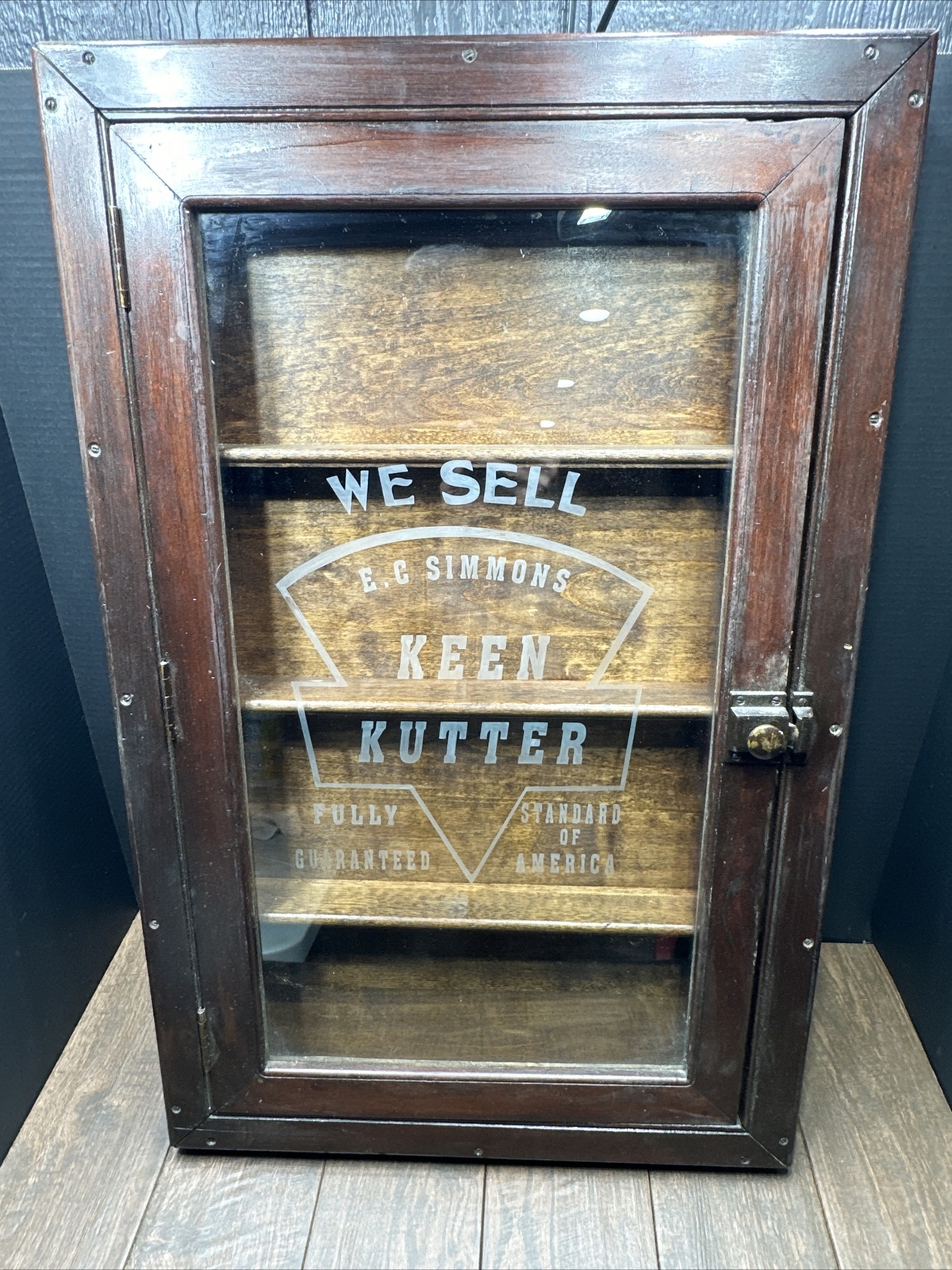 Vintage Keen Cutter Wood Display Cabinet E.C Simmons Standard Of America