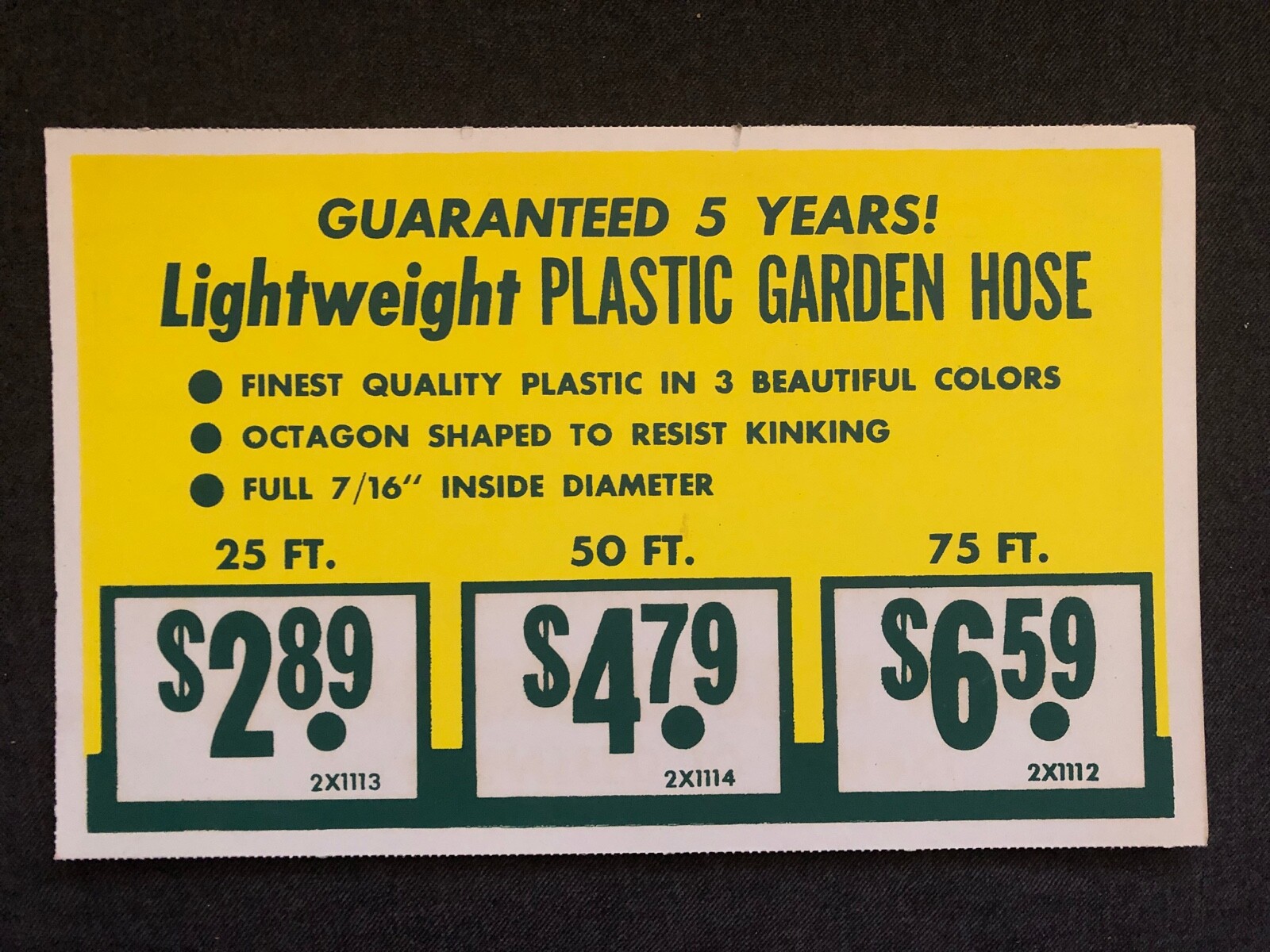 Vintage STORE SIGN Cardboard Lightweight Plastic Garden Hose #1