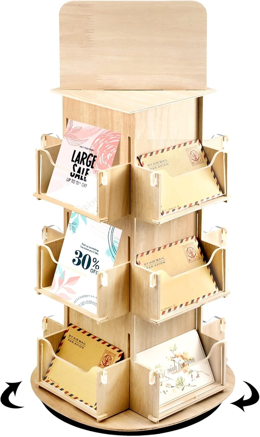 Rotating Display Stand 3 Tier Rotating Sticker Display Stand Wooden Greeting Car