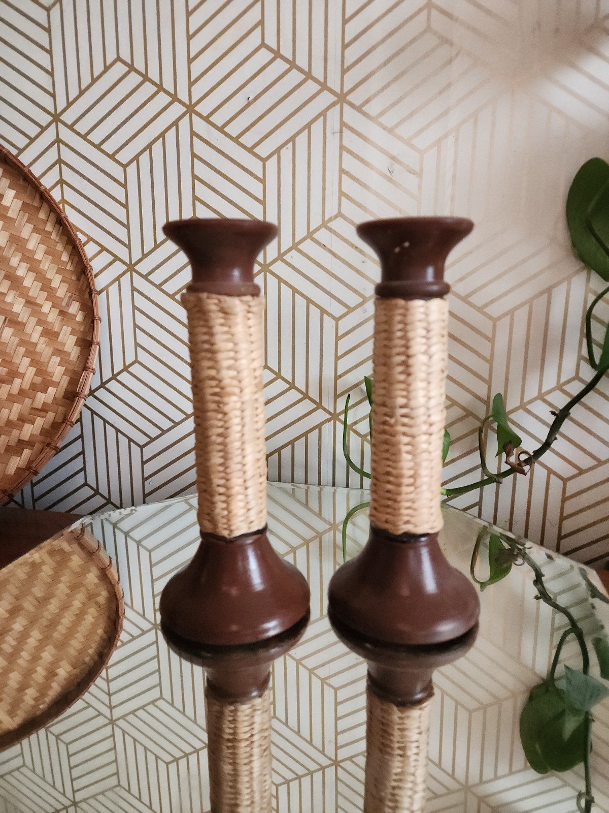 Vintage Brown Flashed Glass Shelf Risers / Candleholders w/ Weaved Straw Detail