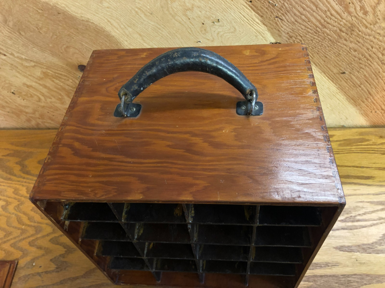 Vintage Wood Pigeon Cubby Hole Salesmans Divided Box W/ Carry Handle Drop Front