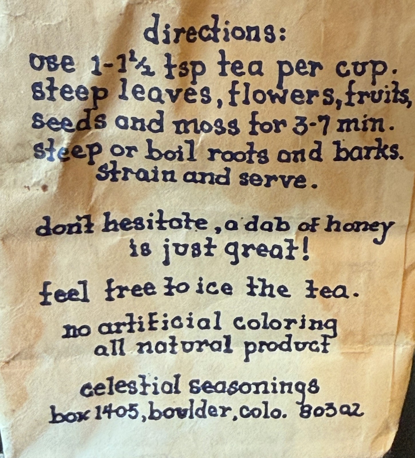 1973 Very Early Celestial Seasoning Packaging / Bag for Herbal Gotu Kola Tea