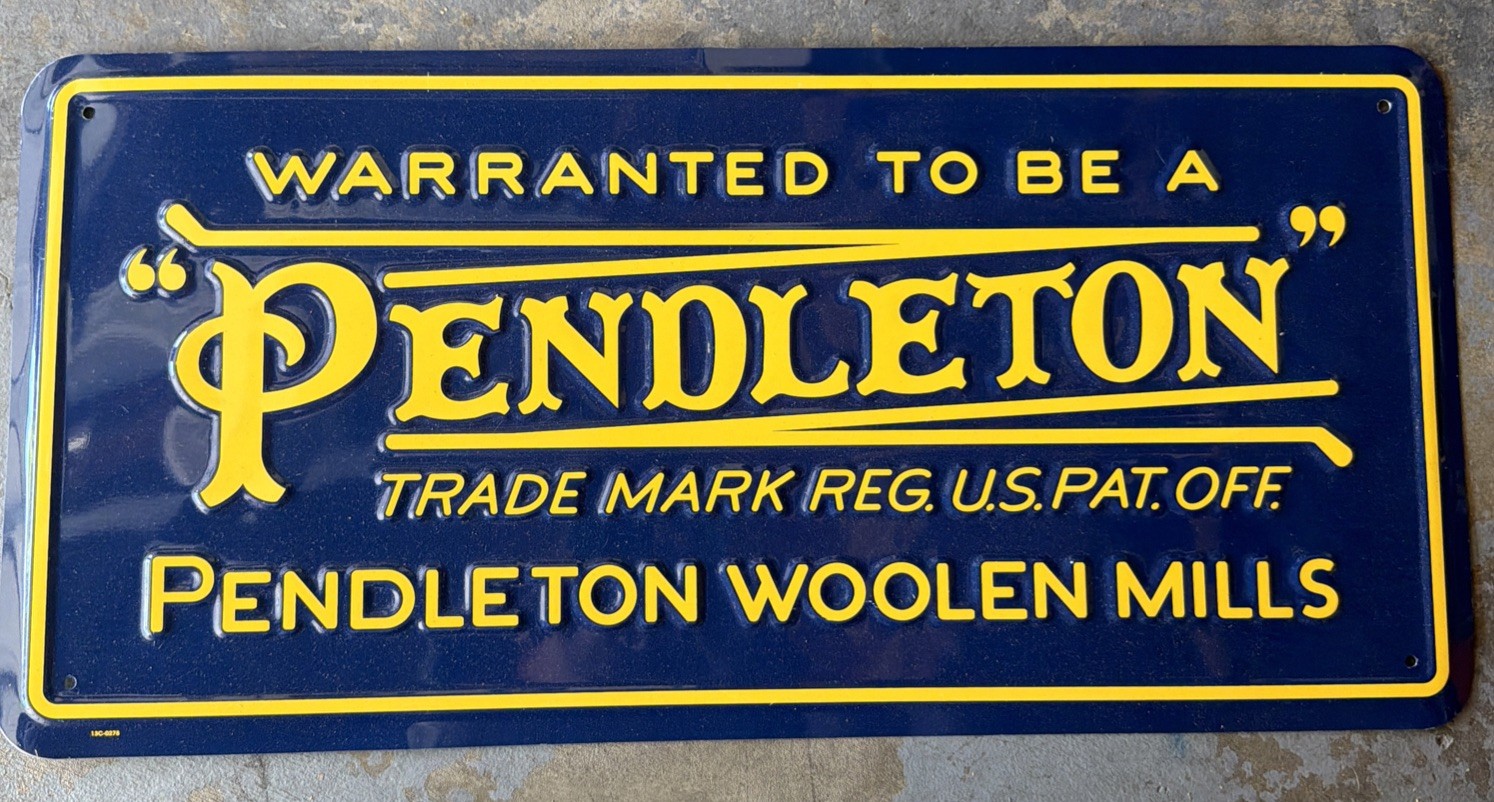 Pendleton Woolen Mills Metal Store Display Sign 11.5×24″ art craft sew Decor NEW