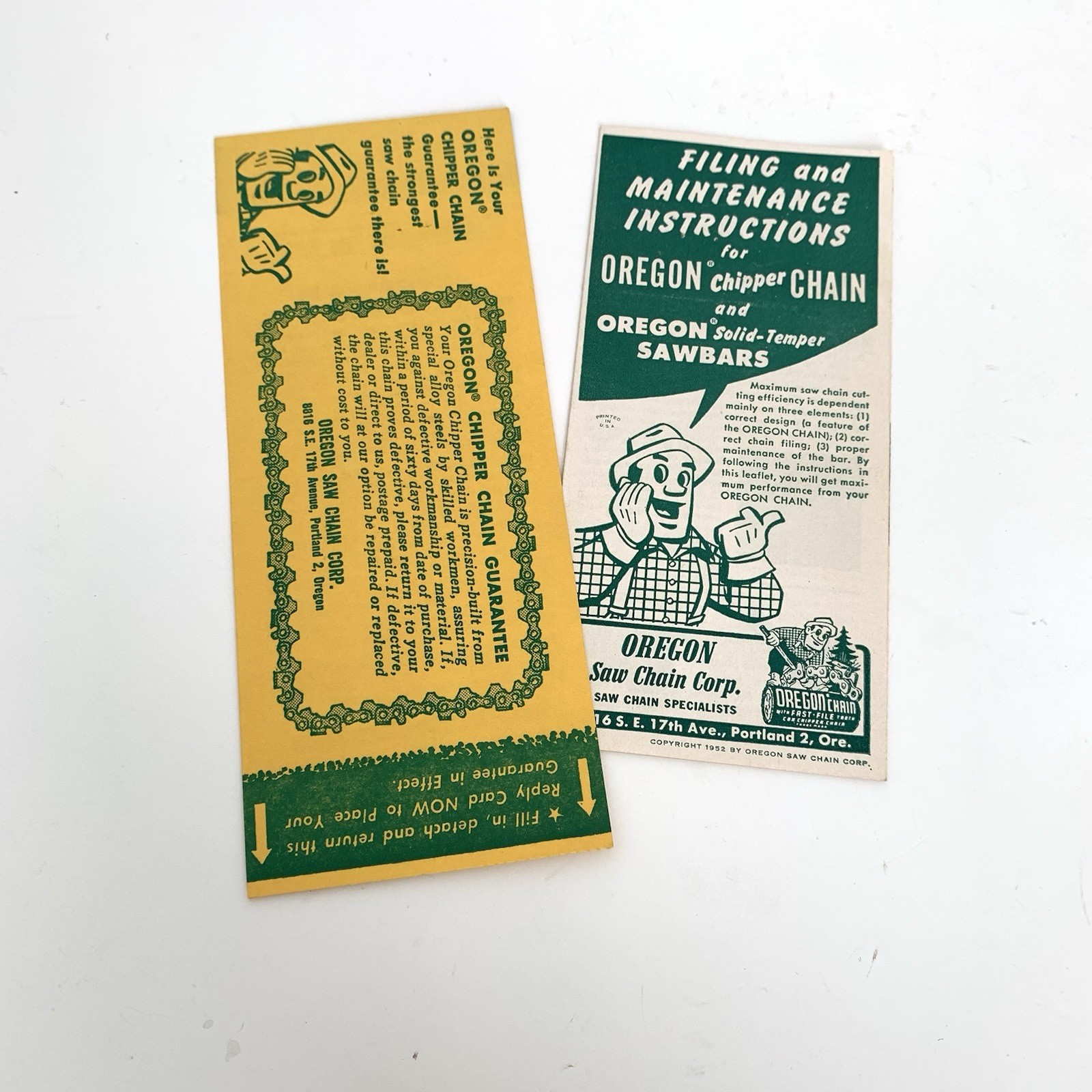 1952 Oregon Chipper Chain Filing Maintenance Leaflet & Guarantee, Advertising