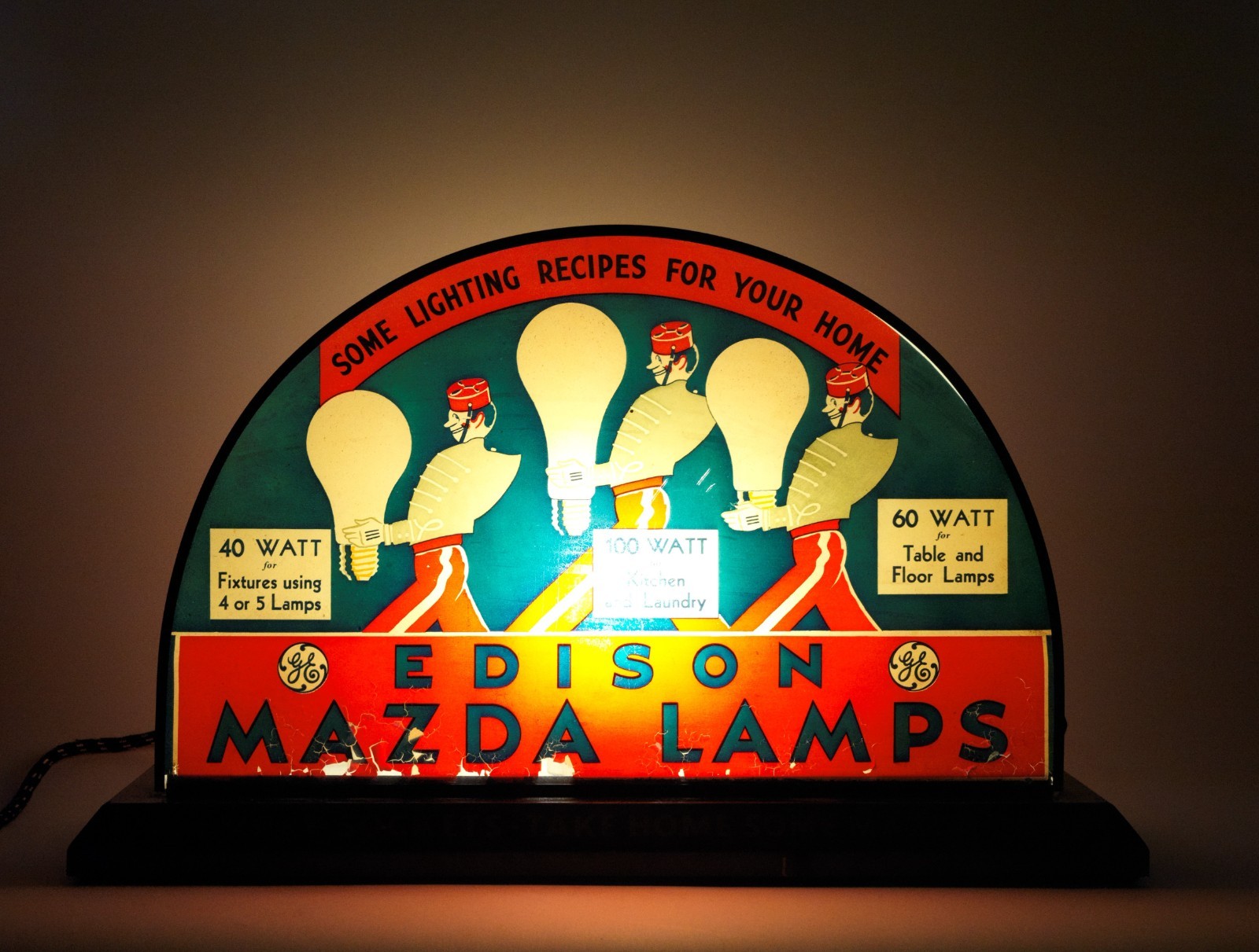 Large Antique Edison Mazda 2-Sided Glass Panel Dealer Lamp Display * Exceptional