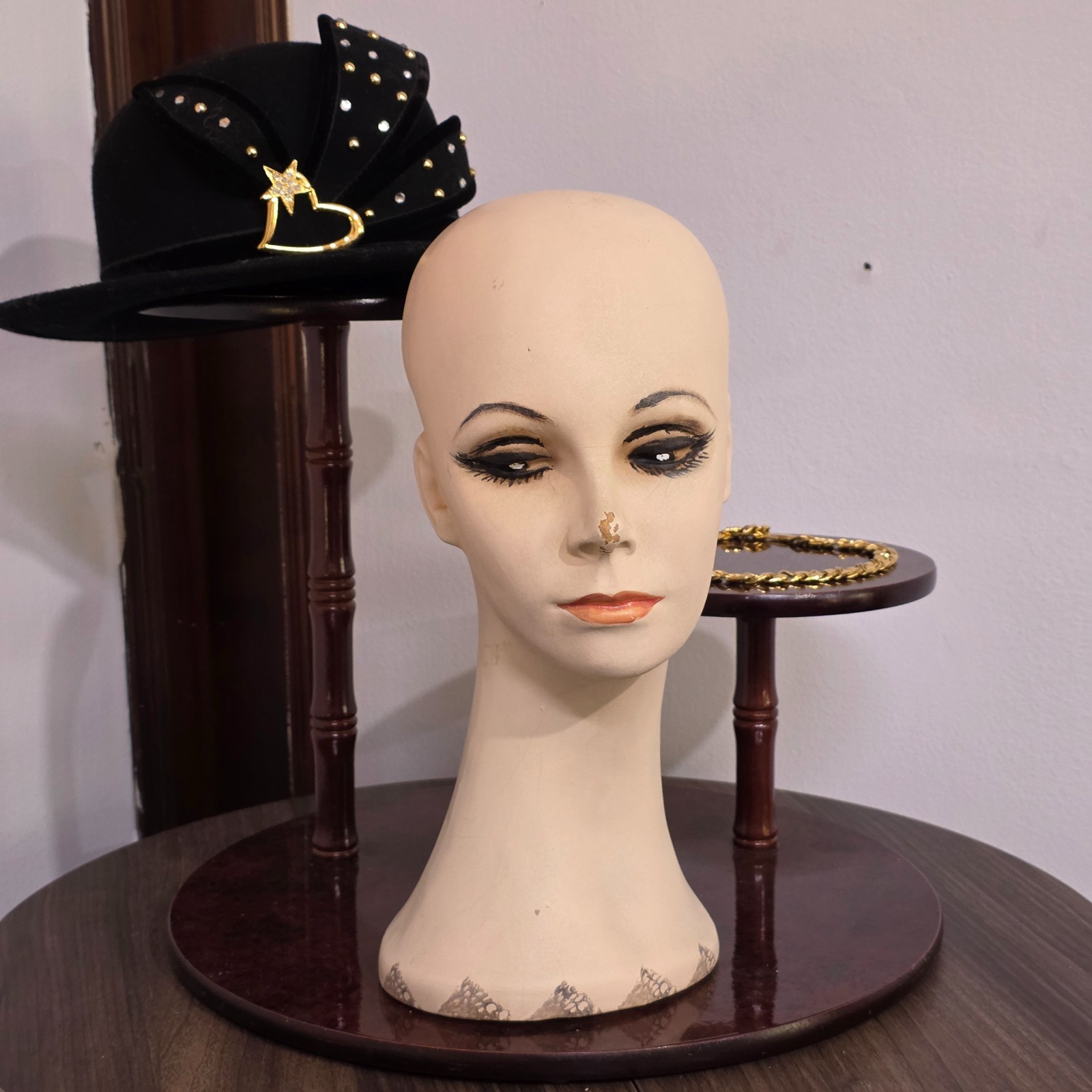 Vintage 1970s Hand Painted Hat Wig Stand Mannequin Head Store DIsplay Art Deco