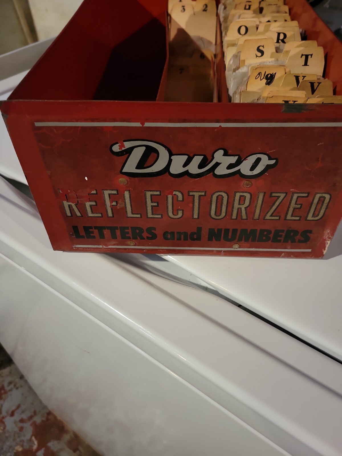 Vintage Duro Store Display Letters Numbers Tin Metal Red Box Reflectorized
