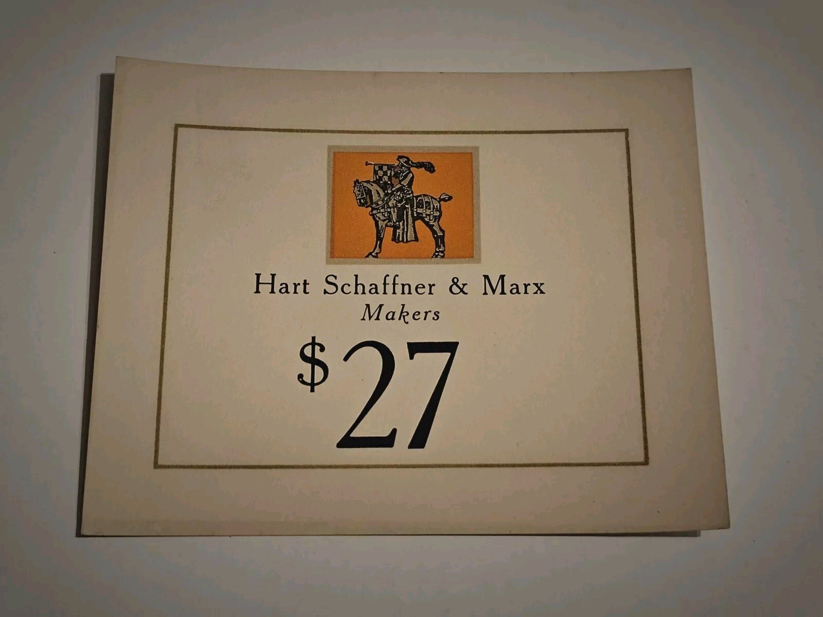 Vintage Hart Schaffner & Marx $27.00 Price Ticket Tag