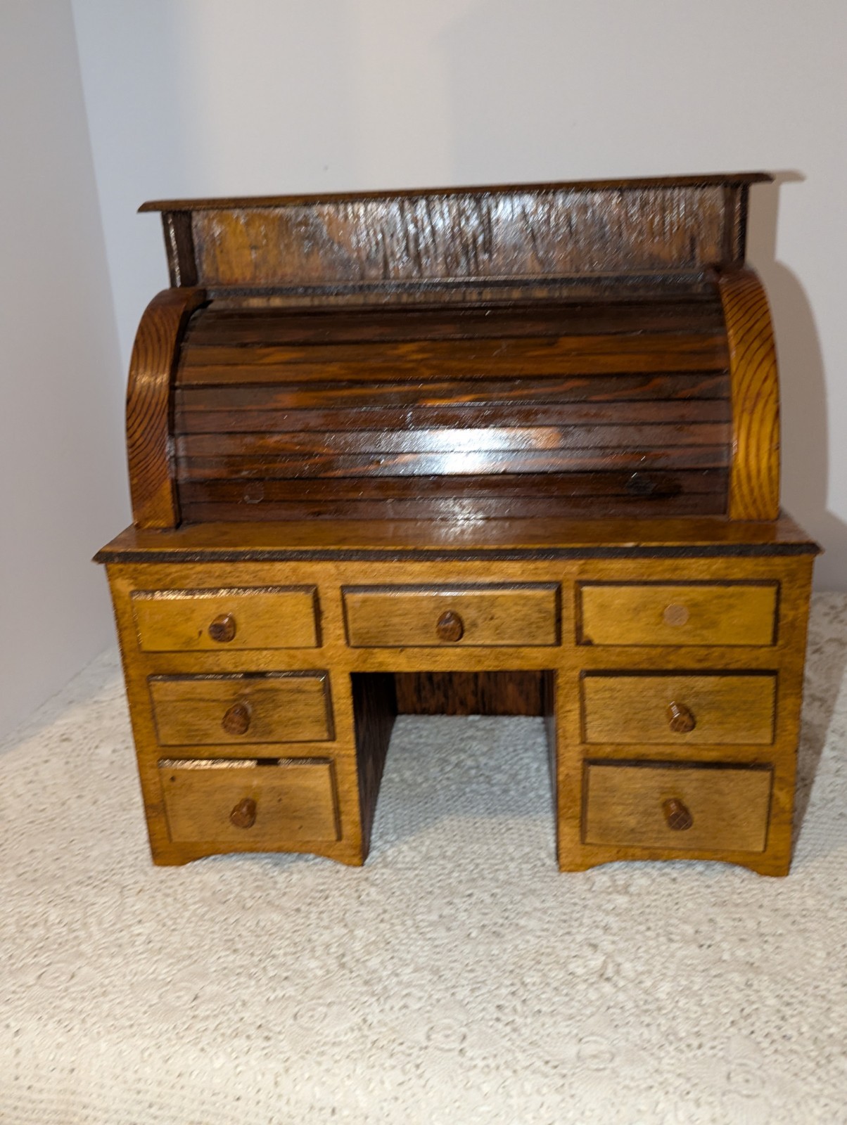 Rare Vintage Miniature Salesman Roll top Desk With Red Felt Lined Drawers