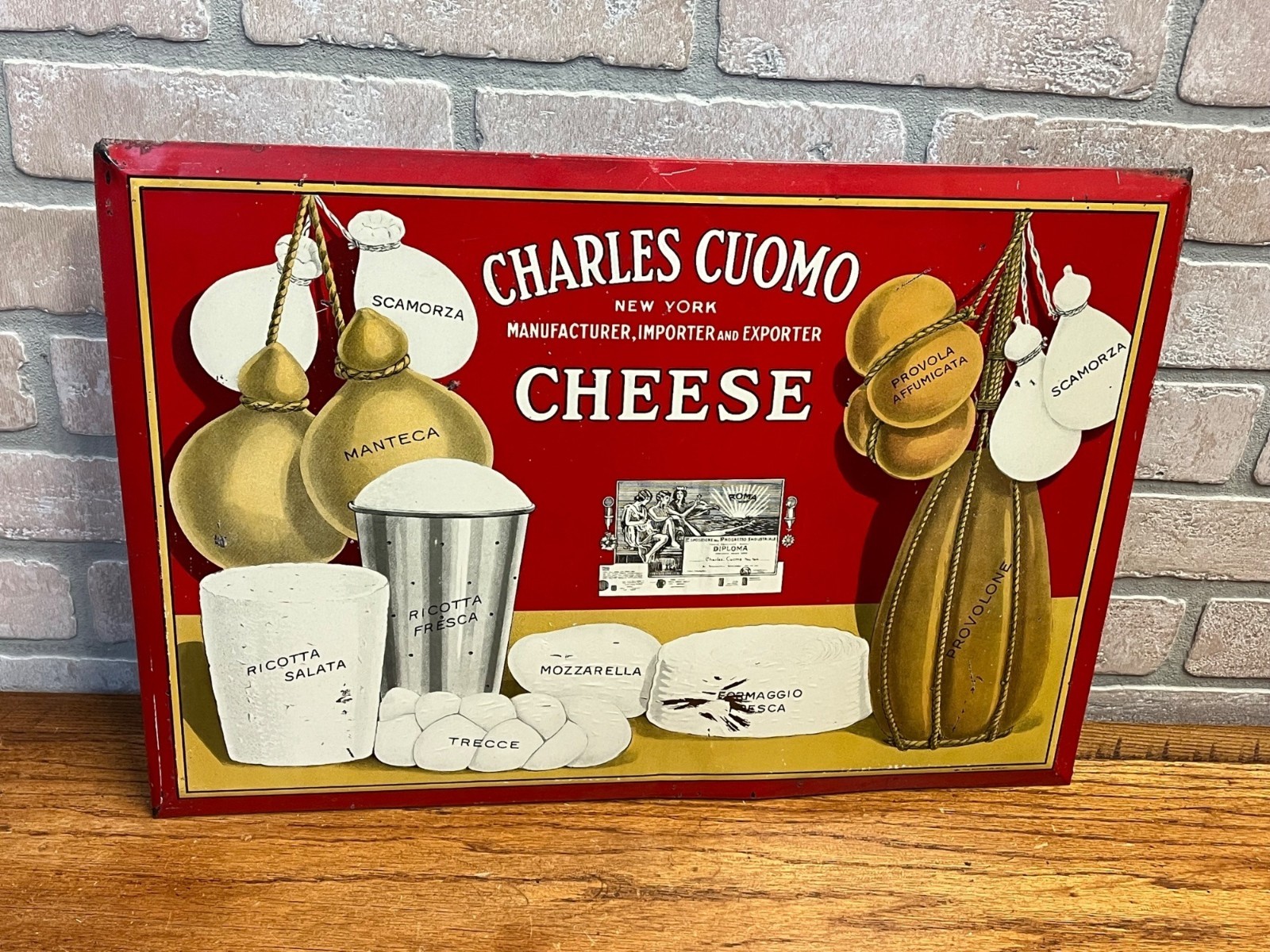 Vintage Charles Cuomo Cheese Tin Sign 19×13 Italian Deli Store Display NEW YORK