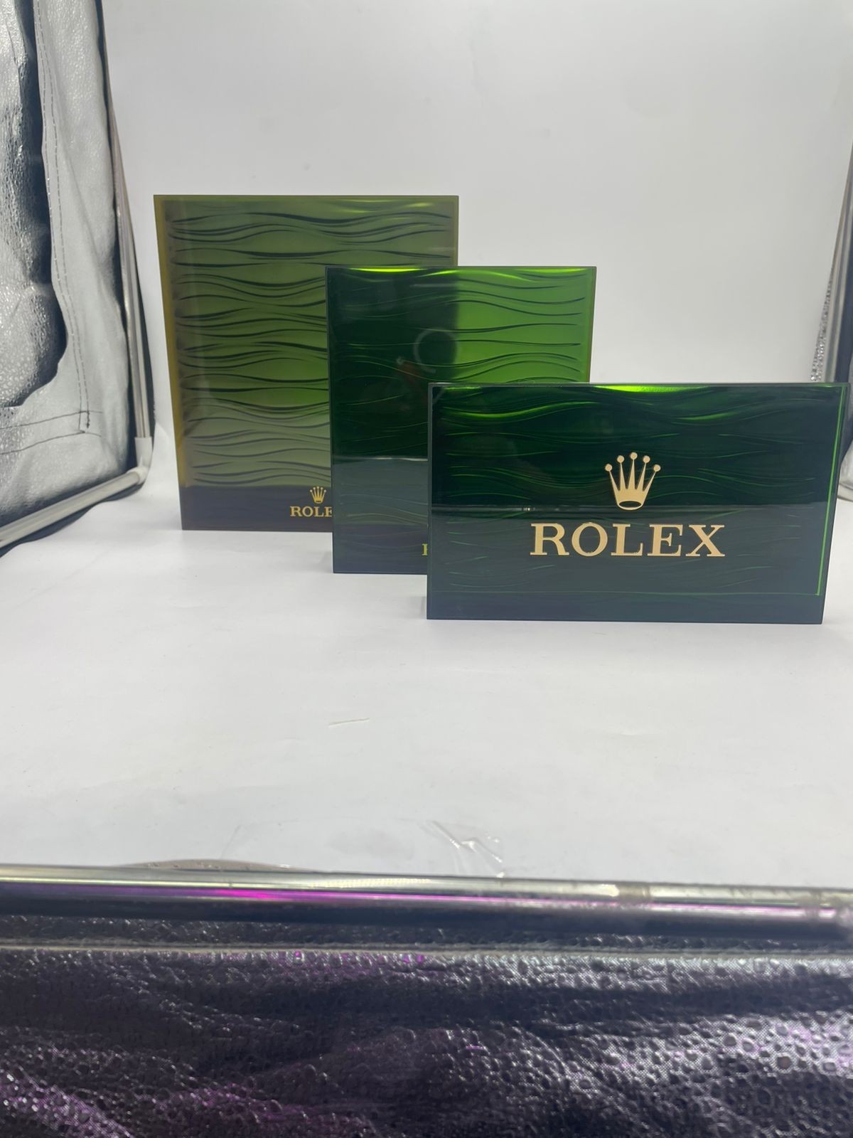 Rolex Store Acrylic Green Waves Displays 3pc Set