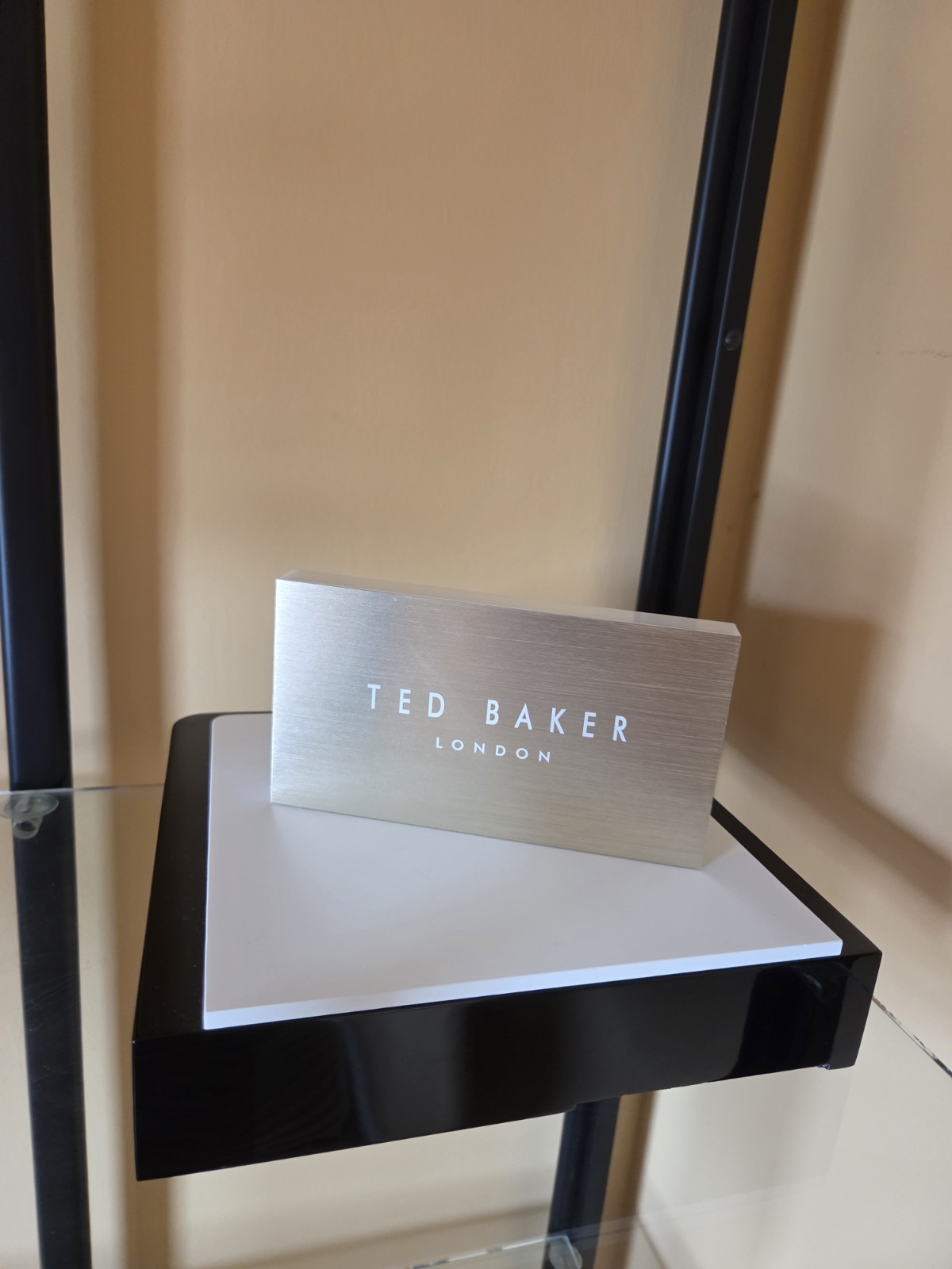 NEW TED BAKER LONDON SUNGLASSES & EYEGLASSES LOGO DISPLAY, SIGN. GOLD & WHITE