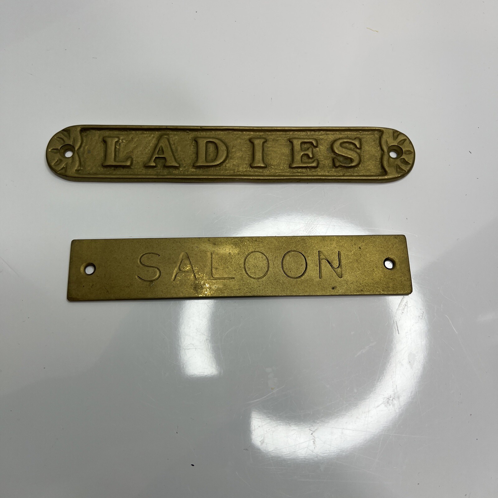 LADIES And SALOON Vintage Thick Brass Nameplate