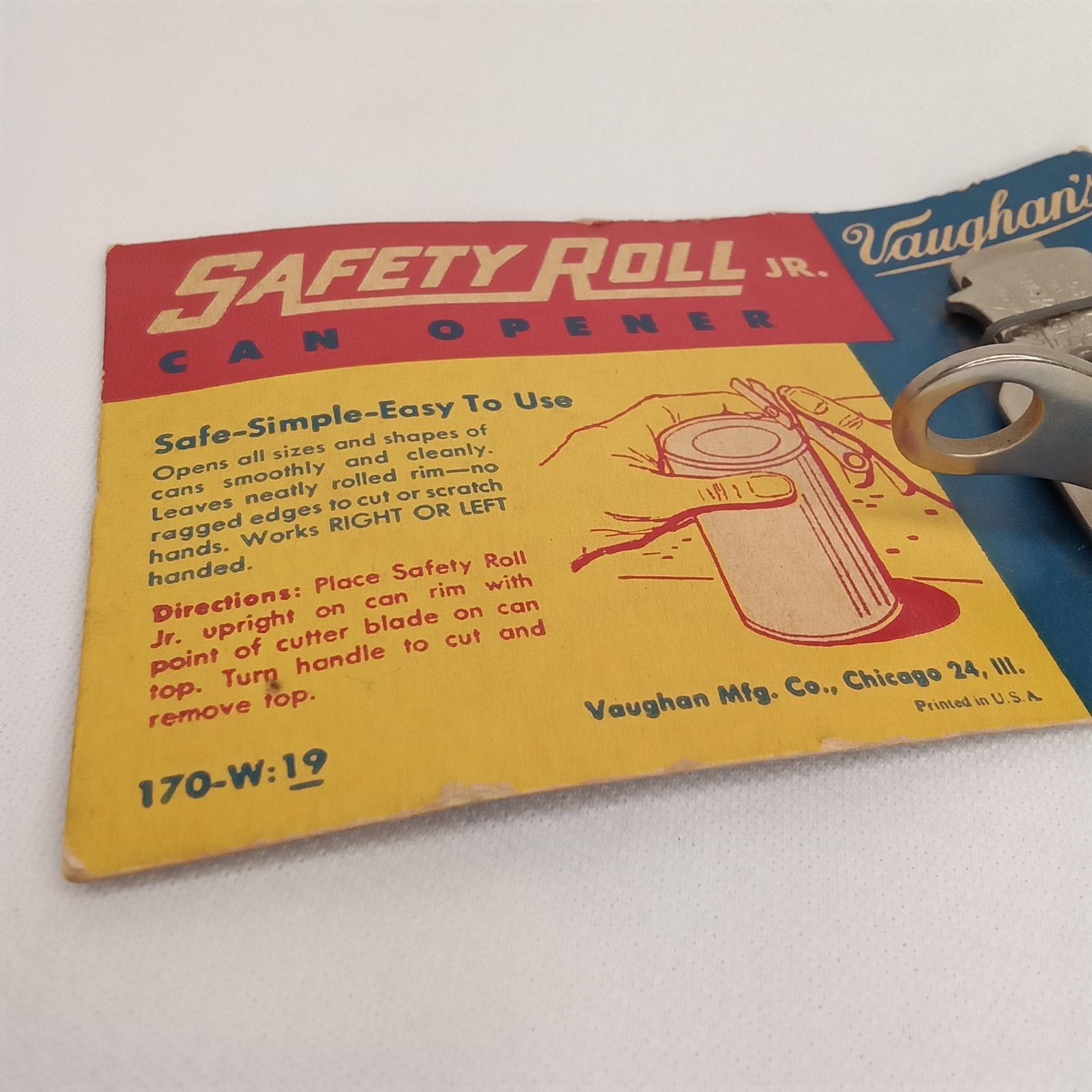 Antique 1940s Advertising Can Opener On Store Display Vaughan’s Safety Roll Jr