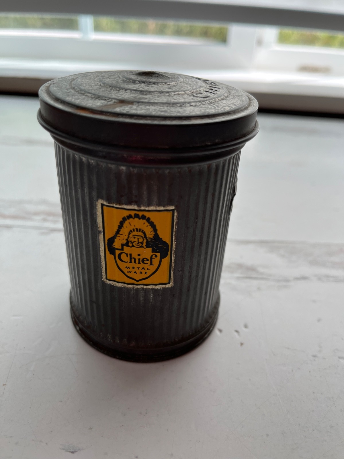 Vintage Chief Metal Wares Salesman Sample Little mini garbage, trashcan, bin